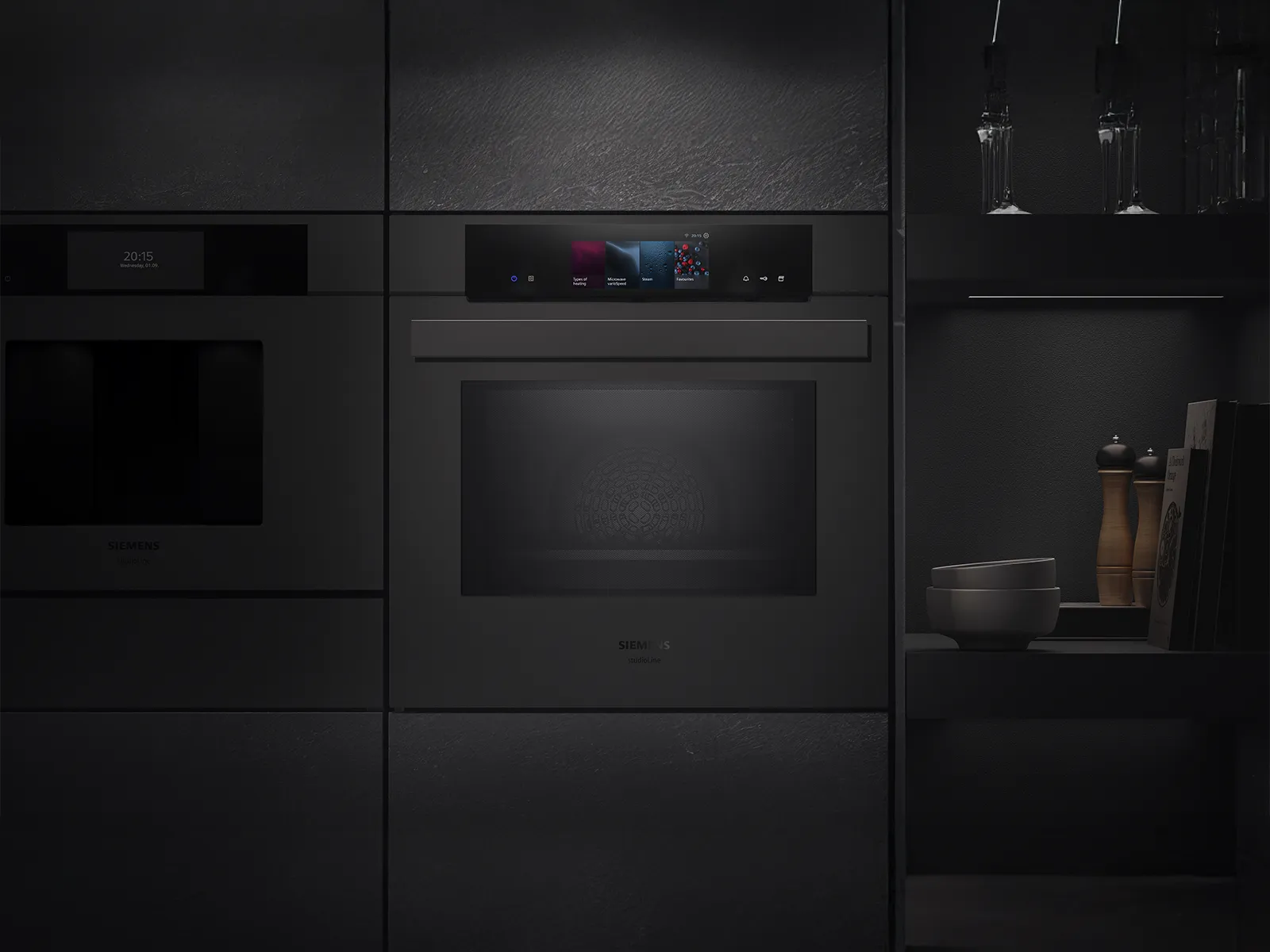 A sleek black Siemens oven integrated into modern cabinetry, featuring a touchscreen control panel and ambient lighting.