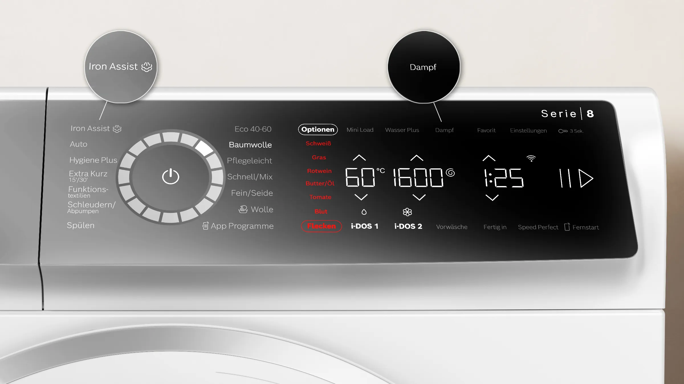 Bedienfeld der Bosch Waschmaschine WGB266A90 mit markierten Funktionen Iron Assist und Dampf – Anzeige der Programme auf dem Touchdisplay.