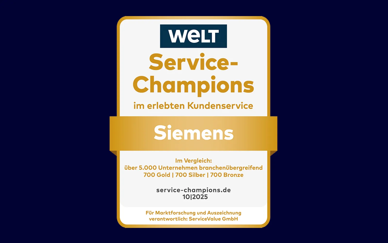 Auszeichnungszertifikat für Siemens als Service Champions im Kundenservice, mit Logo und Website.