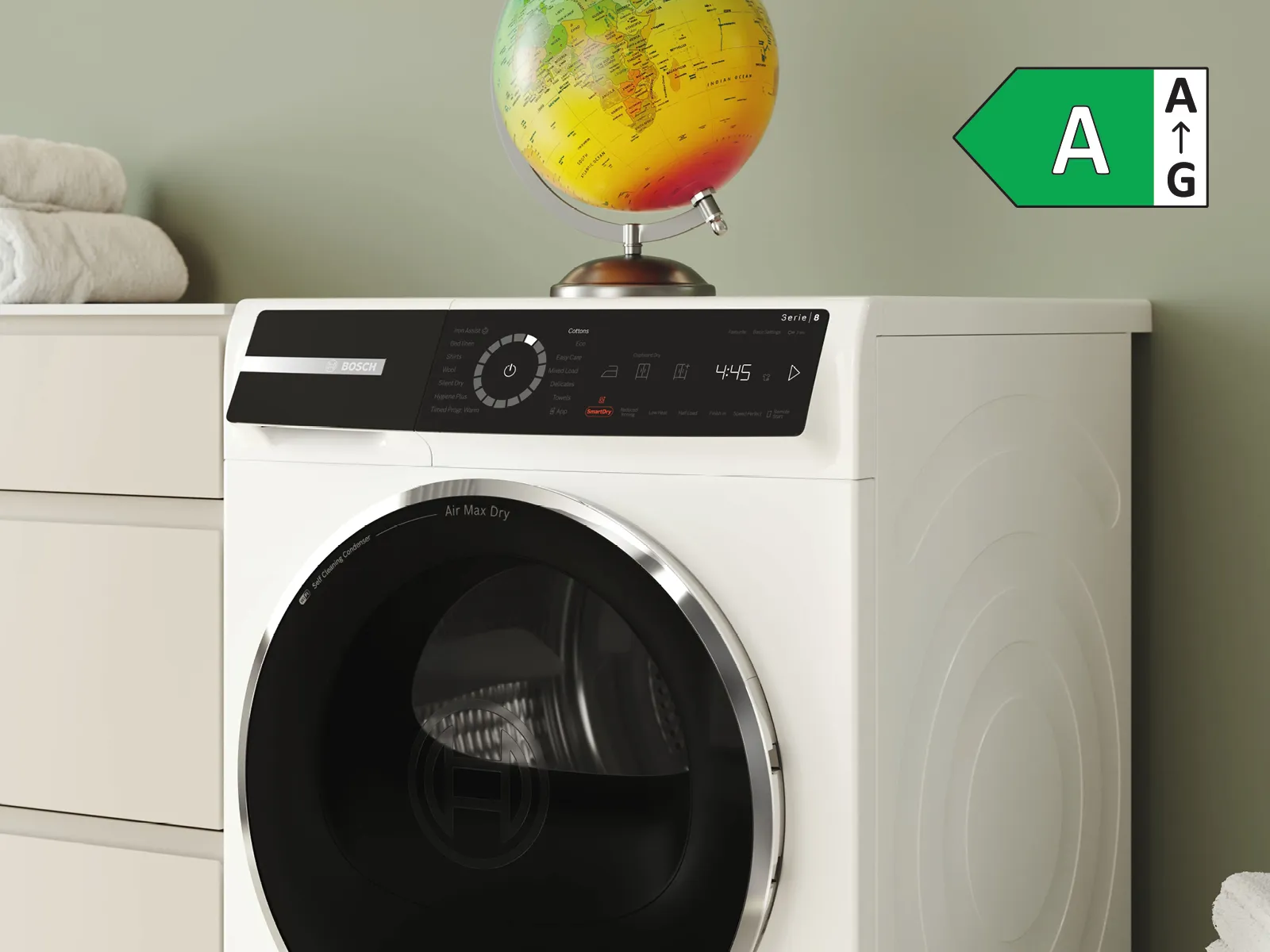 Droger met een wereldbol bovenop geeft label a aan.