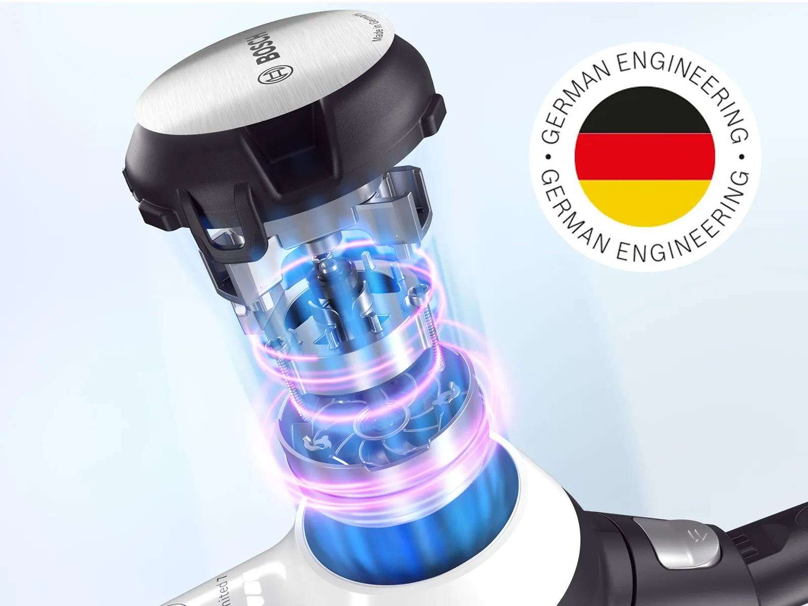 Bosch vacuum cleaner technology with German engineering callout.