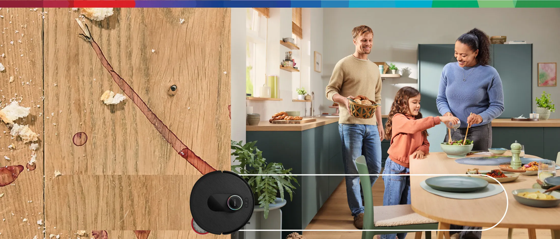 Porodica uživa zajedno u kuhinji, dok robotski usisivač obavlja svoj posao.