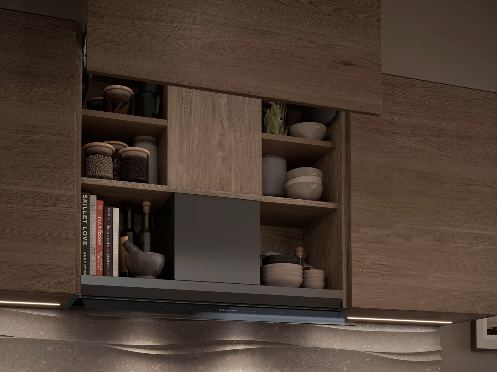 Cucina moderna con armadietti di legno, mensole aperte, decorazioni in ceramica e uno schienale texturizzato a onde.