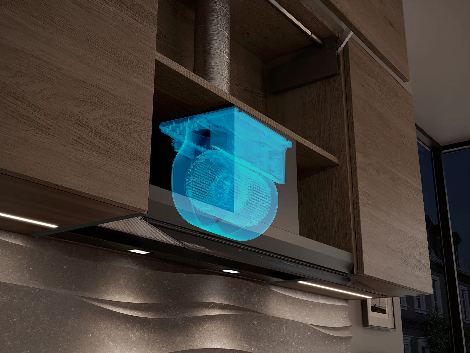 Un sistema di cappa da cucina con un'overlay digitale che mostra i componenti interni della ventola.