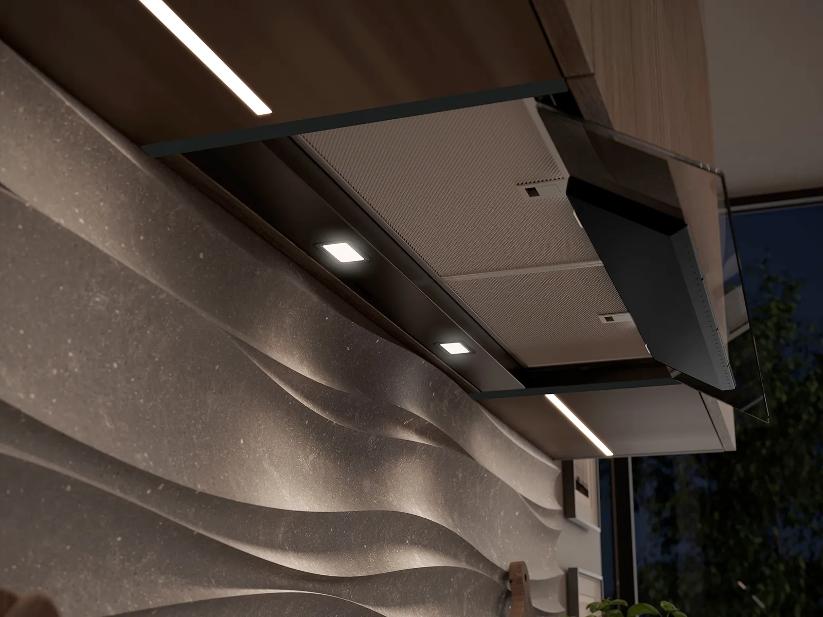 Cappa da cucina sotto mobili con illuminazione integrata, installata sopra uno schienale texturizzato.