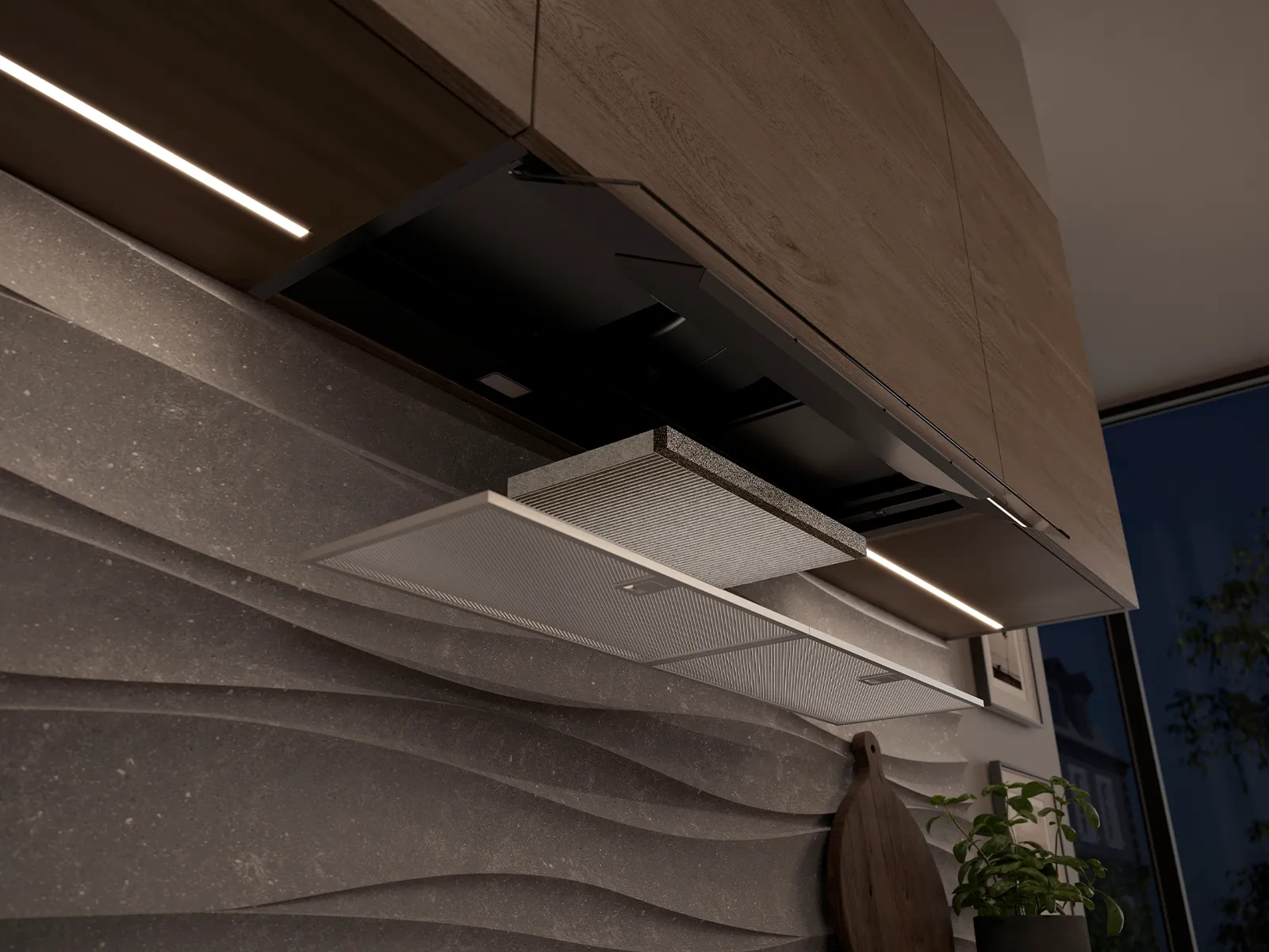 Cucina moderna con un armadietto di legno montato, dotato di cappa aspirante integrata e fasce LED.