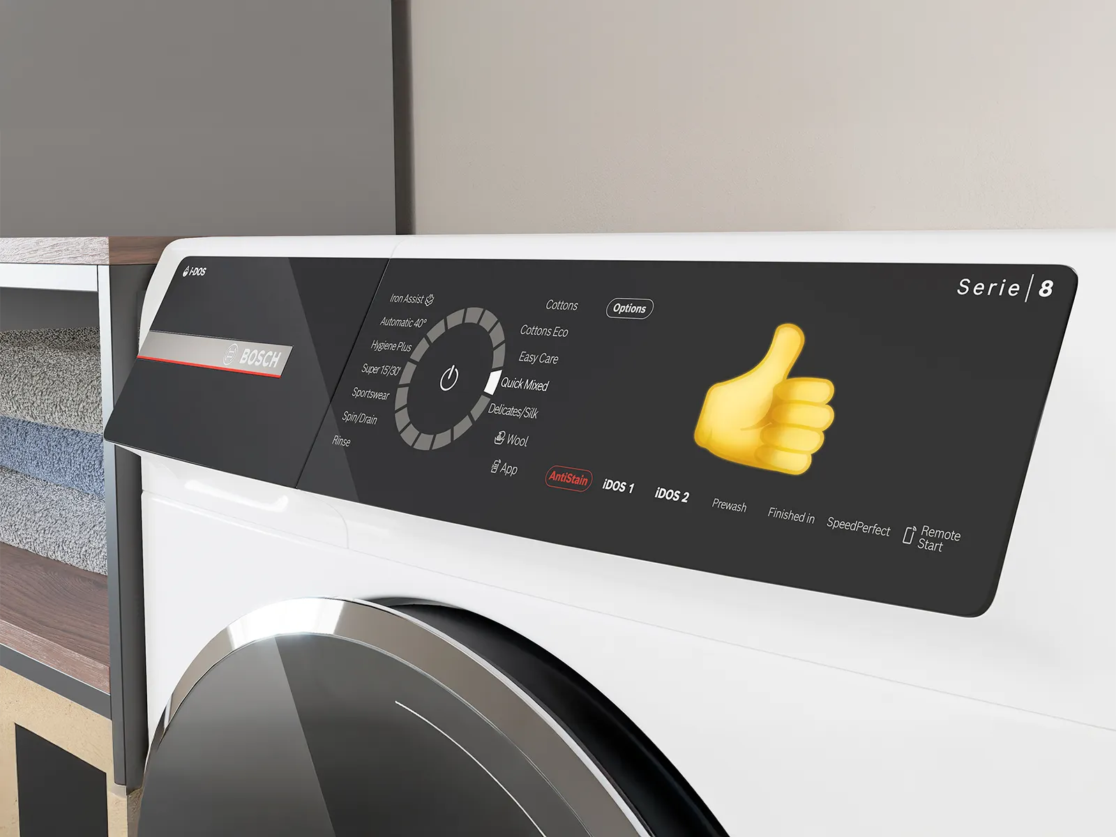 A modern washing machine control panel close-up, showcasing a digital display, settings knob, and a thumbs-up emoji icon.