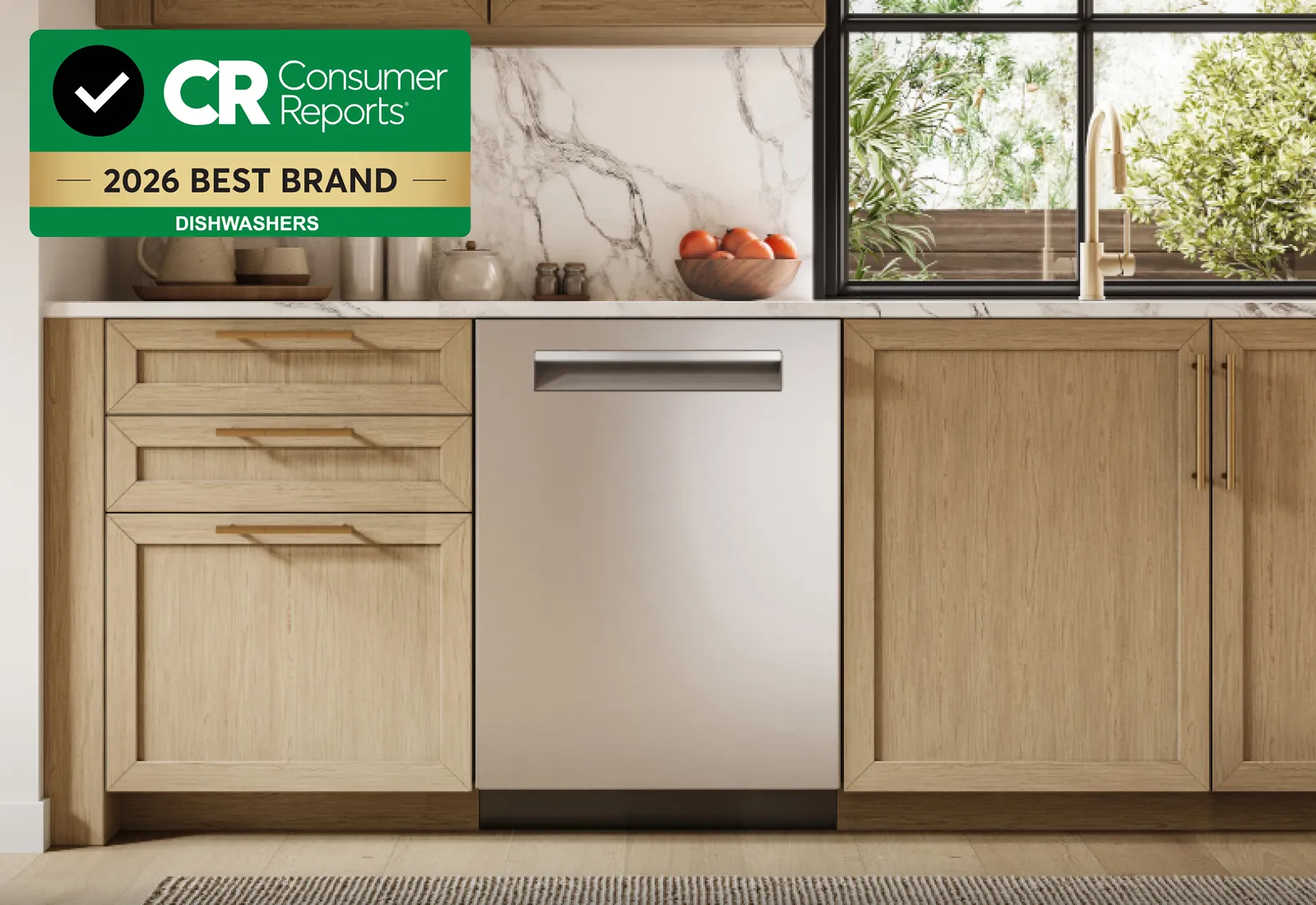 Consumer Reports 2025 Best Brand dishwashers with Bosch dishwasher in white oak kitchen