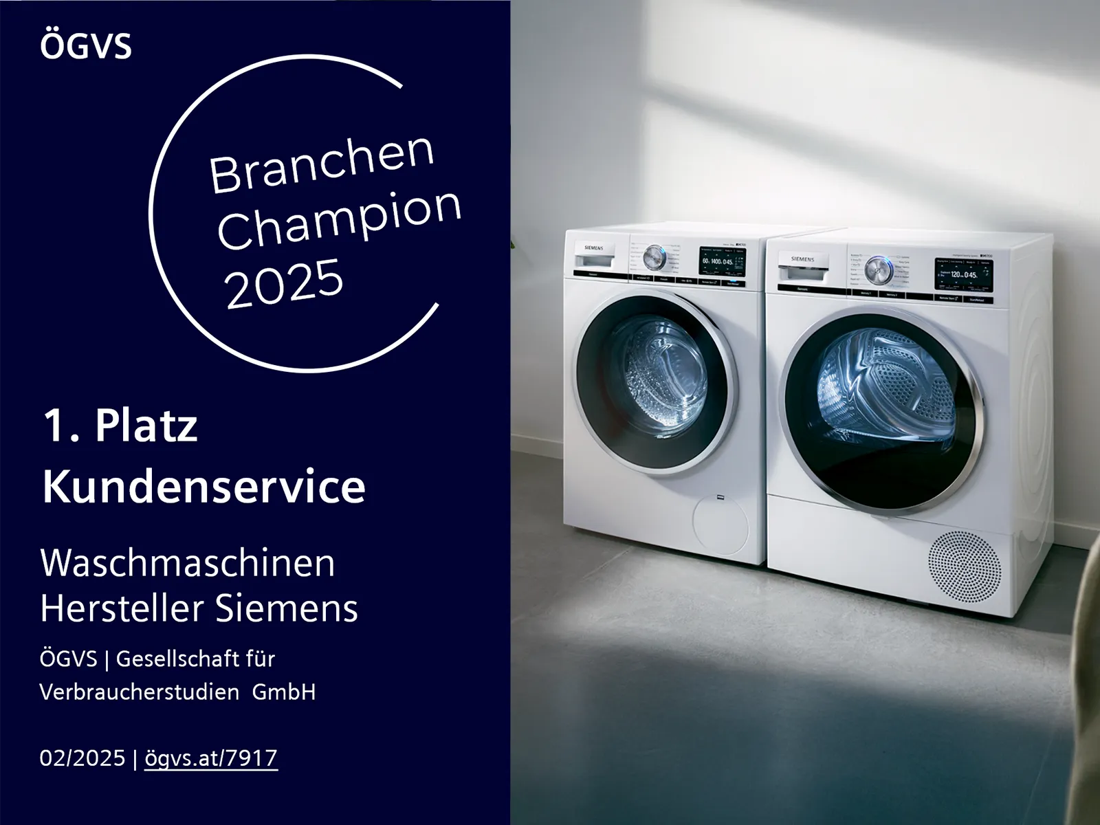 Waschmaschinen von Siemens, als Branch Champion 2025 für den Kundenservice von ÖGVS ausgezeichnet.