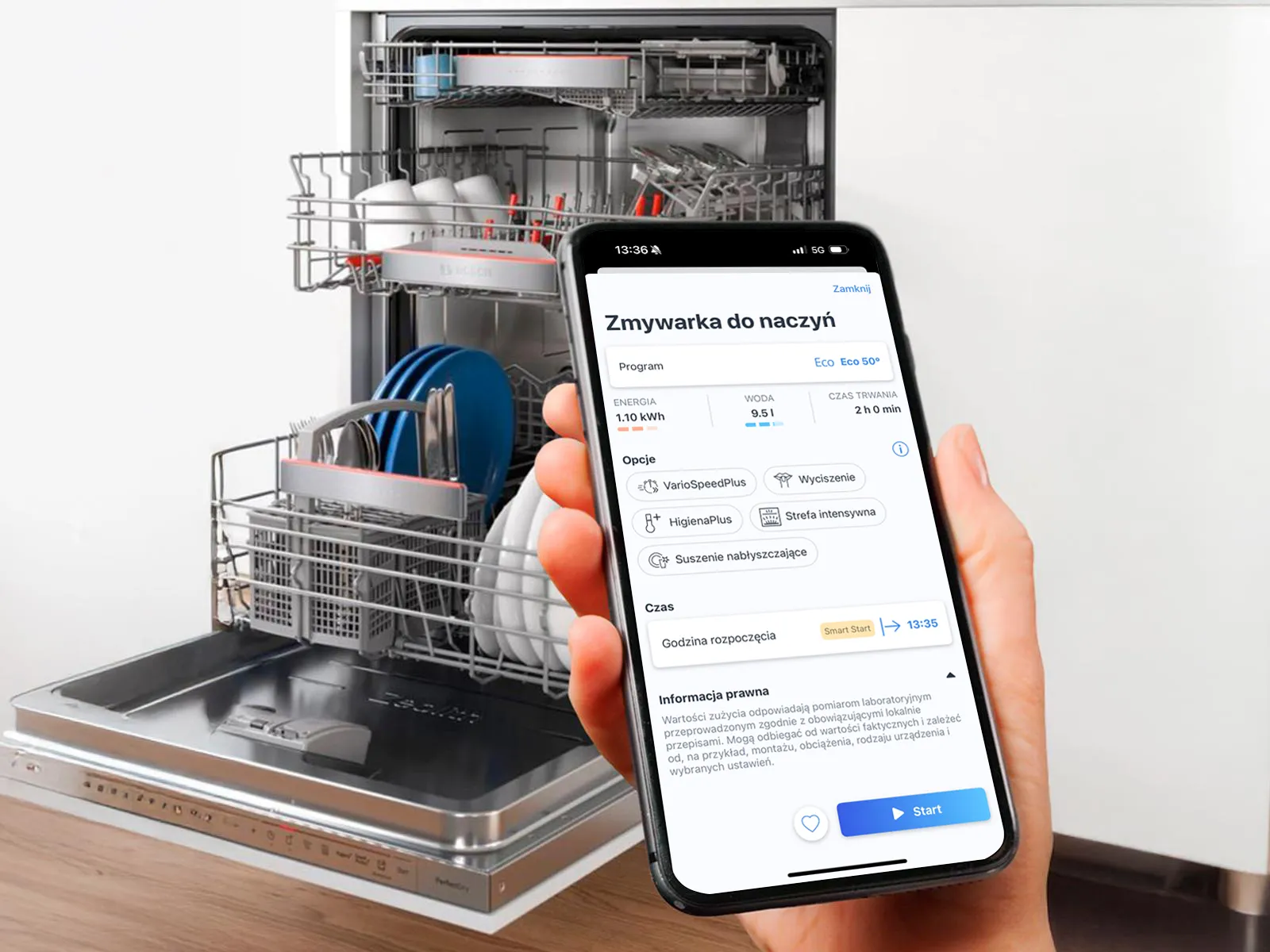 Zmywarka Bosch połączona z aplikacją na smartfona, prezentująca możliwość zdalnego sterowania i personalizacji w ramach inteligentnego domu.