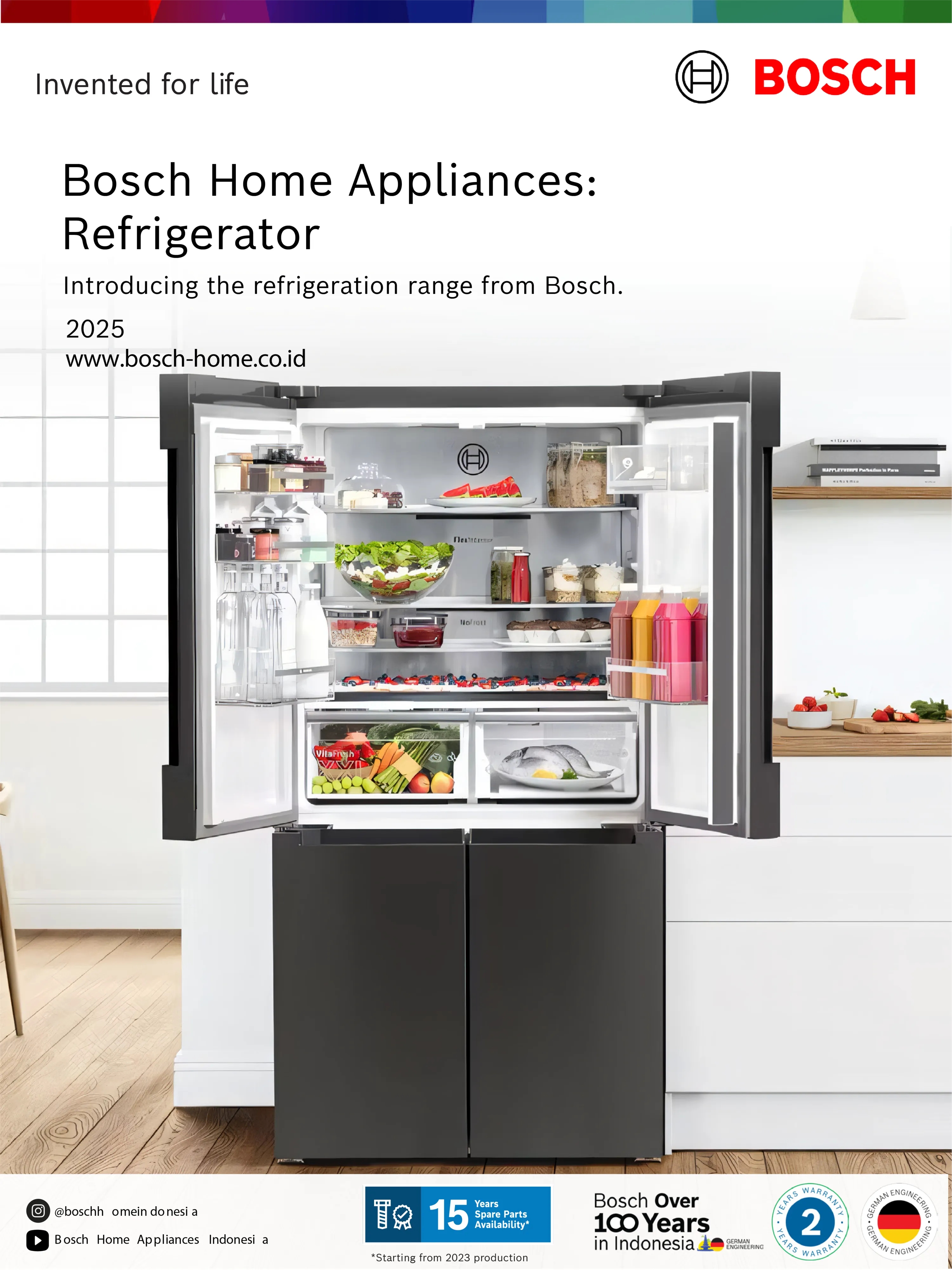 A Bosch refrigerator brochure cover displaying an open multi-door refrigerator filled with fresh food in a kitchen.