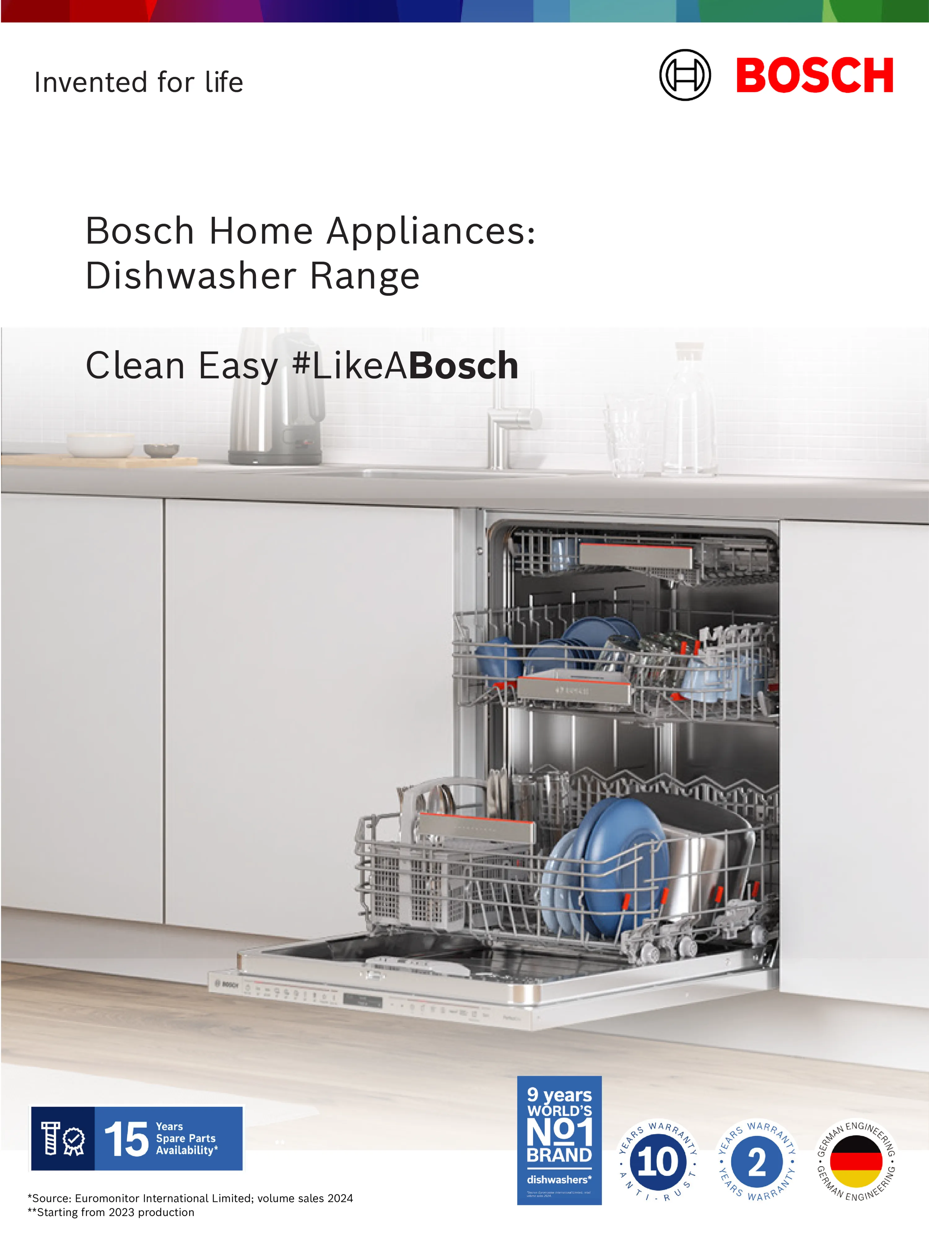 A Bosch dishwasher brochure cover showing an open built-in dishwasher filled with clean dishes in a modern white kitchen.