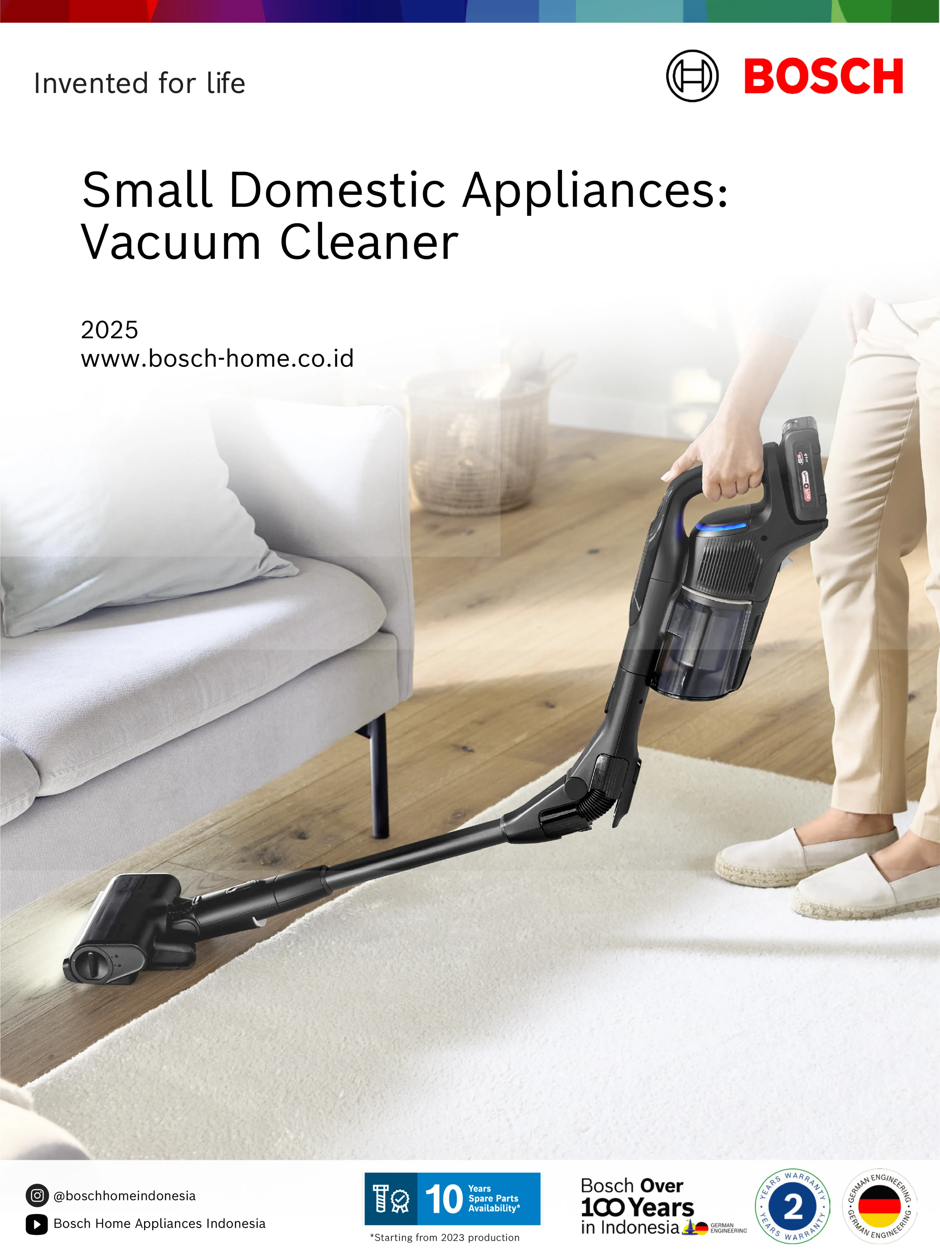 A Bosch vacuum cleaner brochure cover showing a person using a black cordless stick vacuum to clean under a sofa.