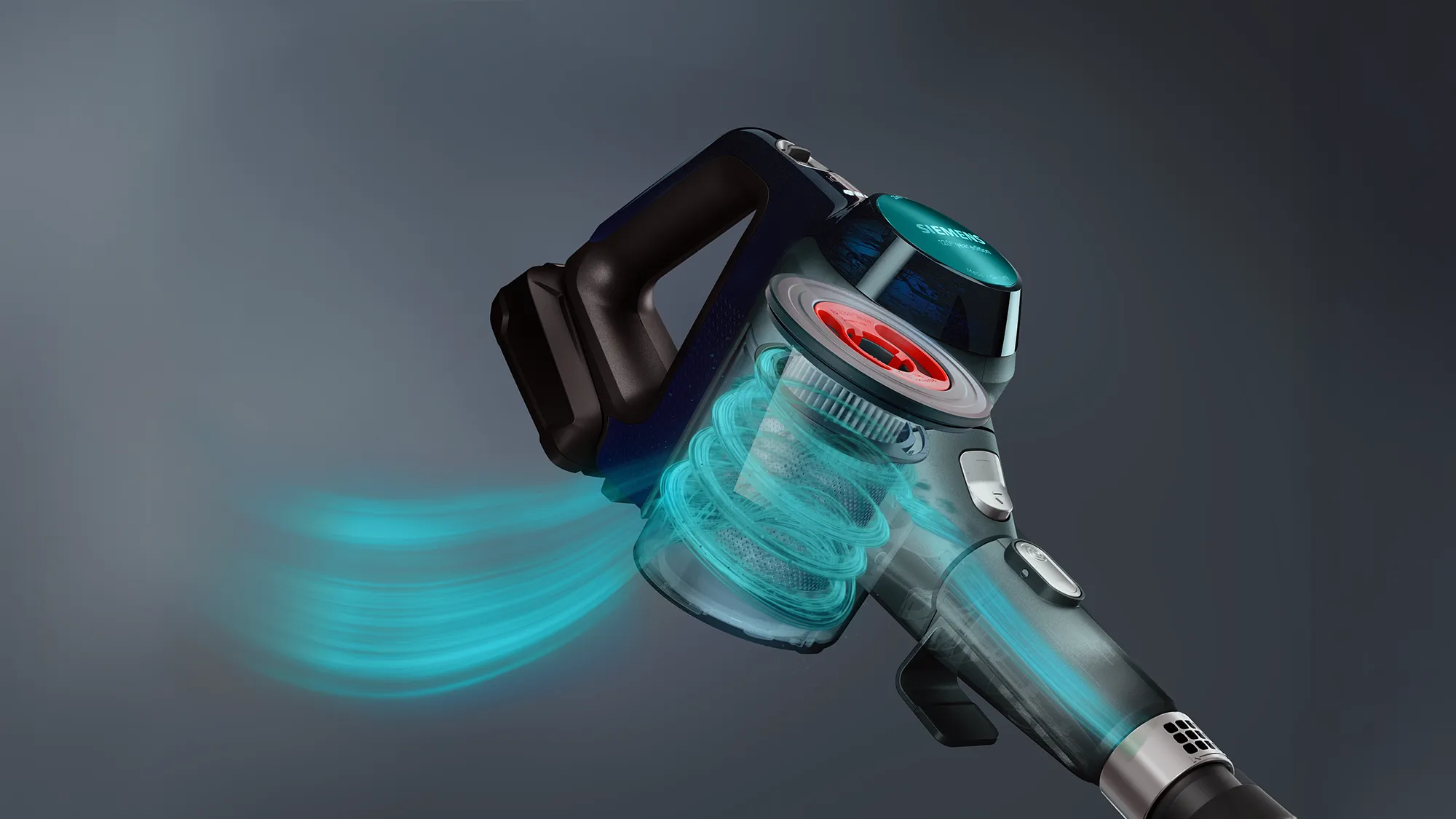 A cutaway view of a Siemens vacuum cleaner showing internal airflow and filtration system.