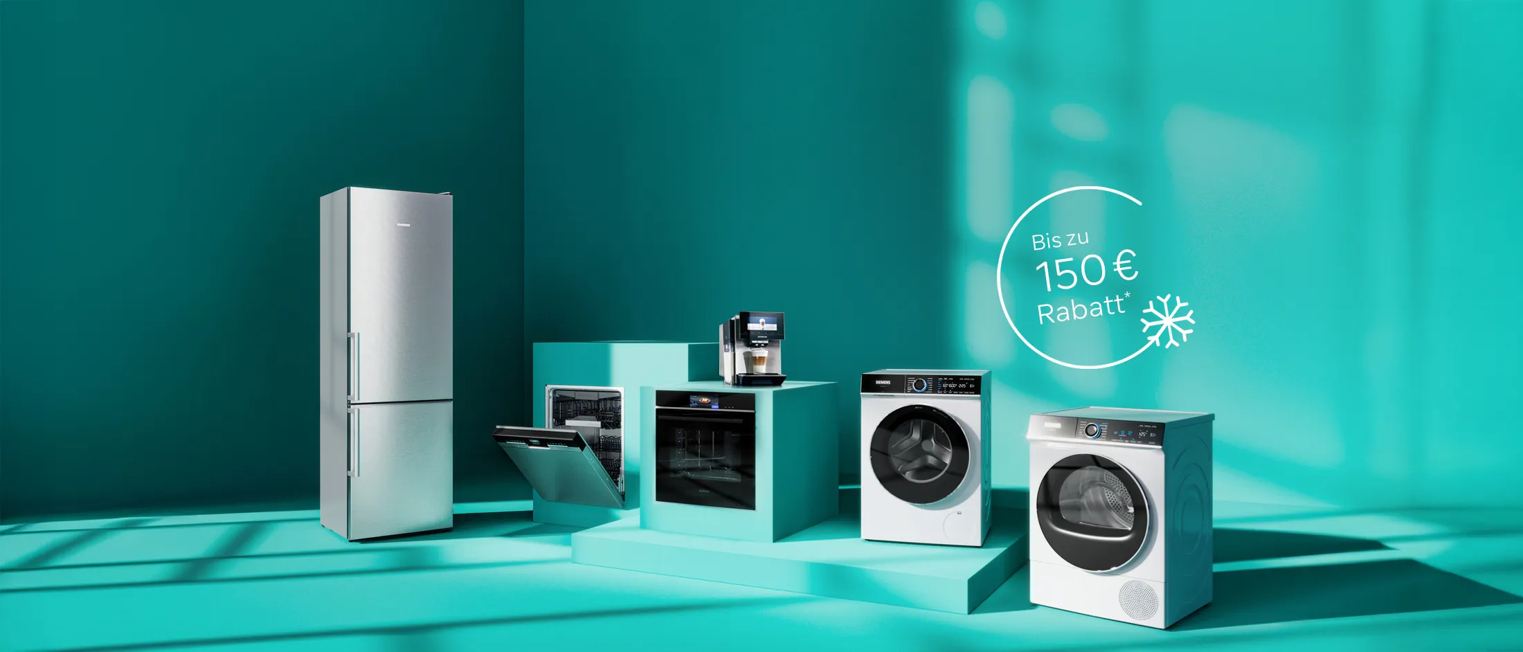 27973401_SI_D2C_Winter25_Stage-Mobile_1080x1920 Alt tag: Petrolfarbener Raum mit Hausgeräten von Siemens und dem Hinweis auf die aktuelle Winter-Aktion mit bis zu 150 € Rabatt im Siemens Online Shop