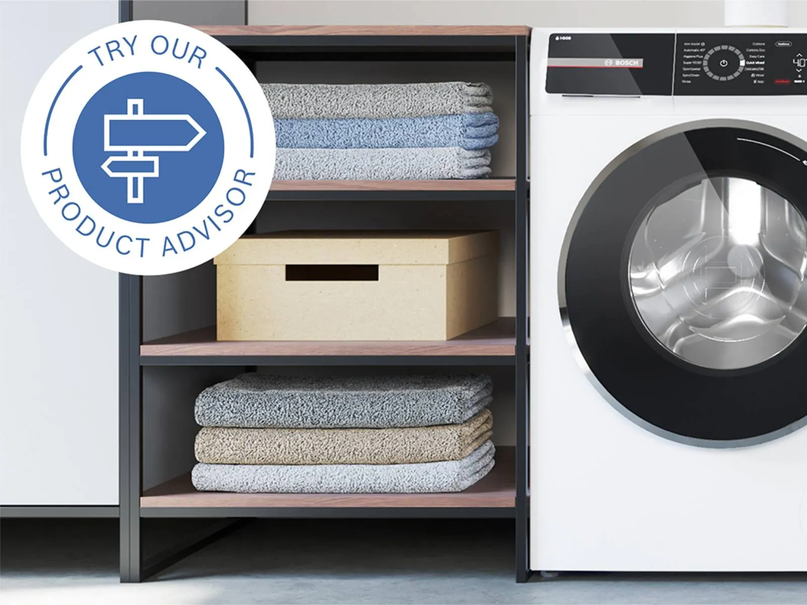 Spacious kitchen featuring Bosch appliances with a product advisor icon for kitchen planning. 