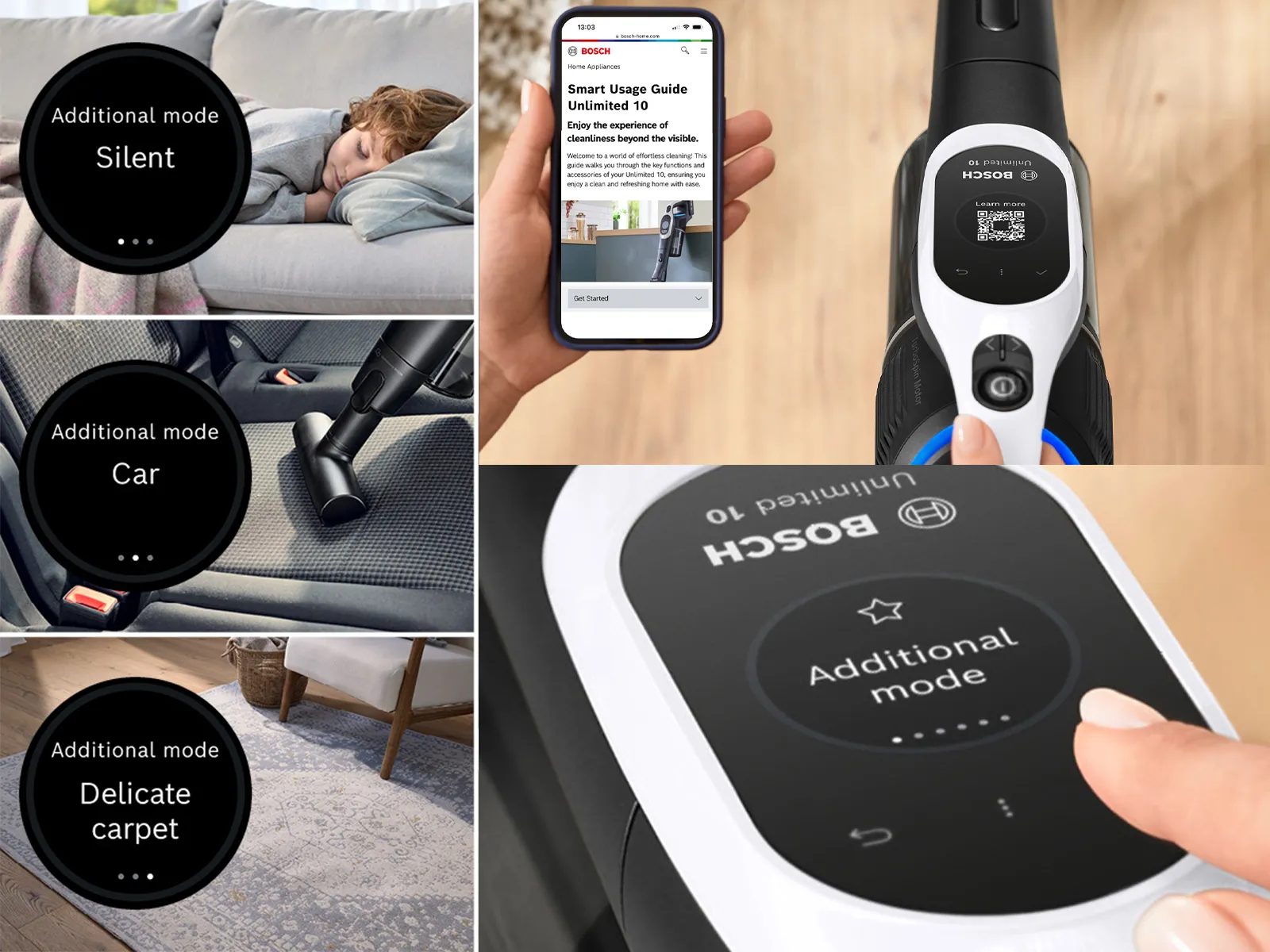 Clicking a battery into the Unlimited vacuum cleaner. A second battery charges in the fast charger.