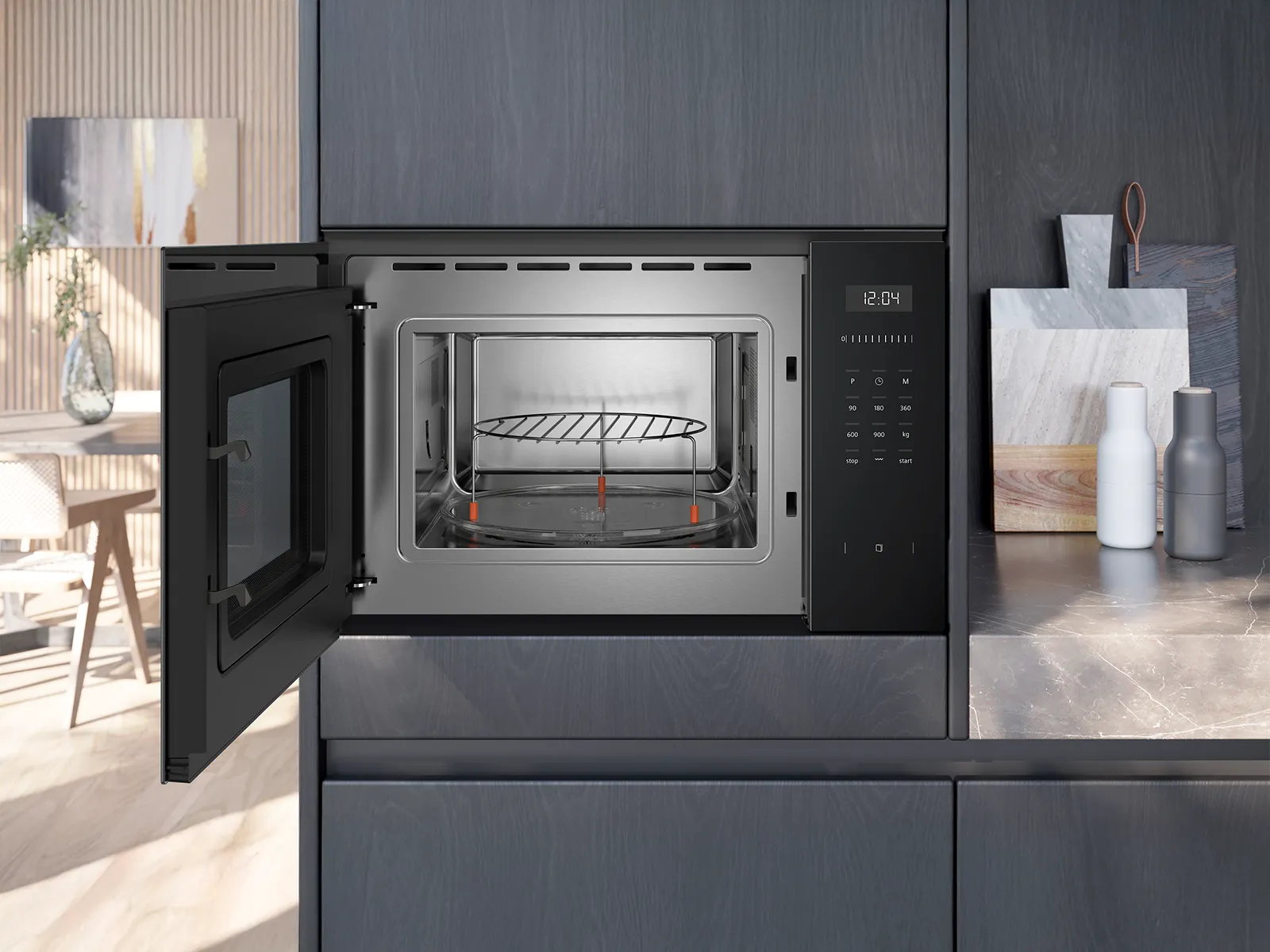Siemens microwave oven with its door open, showcasing a grill inside, combining sleek design with practical functionality.