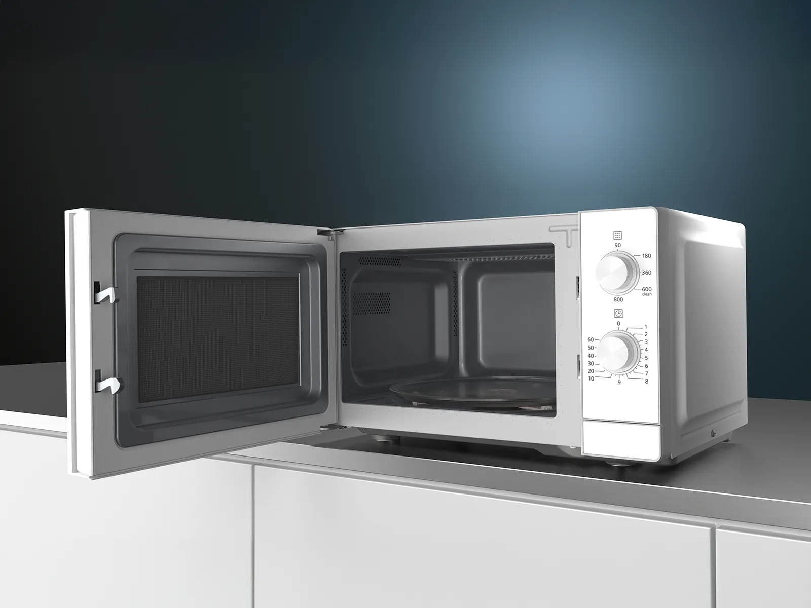 White Siemens microwave oven with its door open, empty interior visible, and control dials prominently displayed, highlighting its sleek design and functionality.