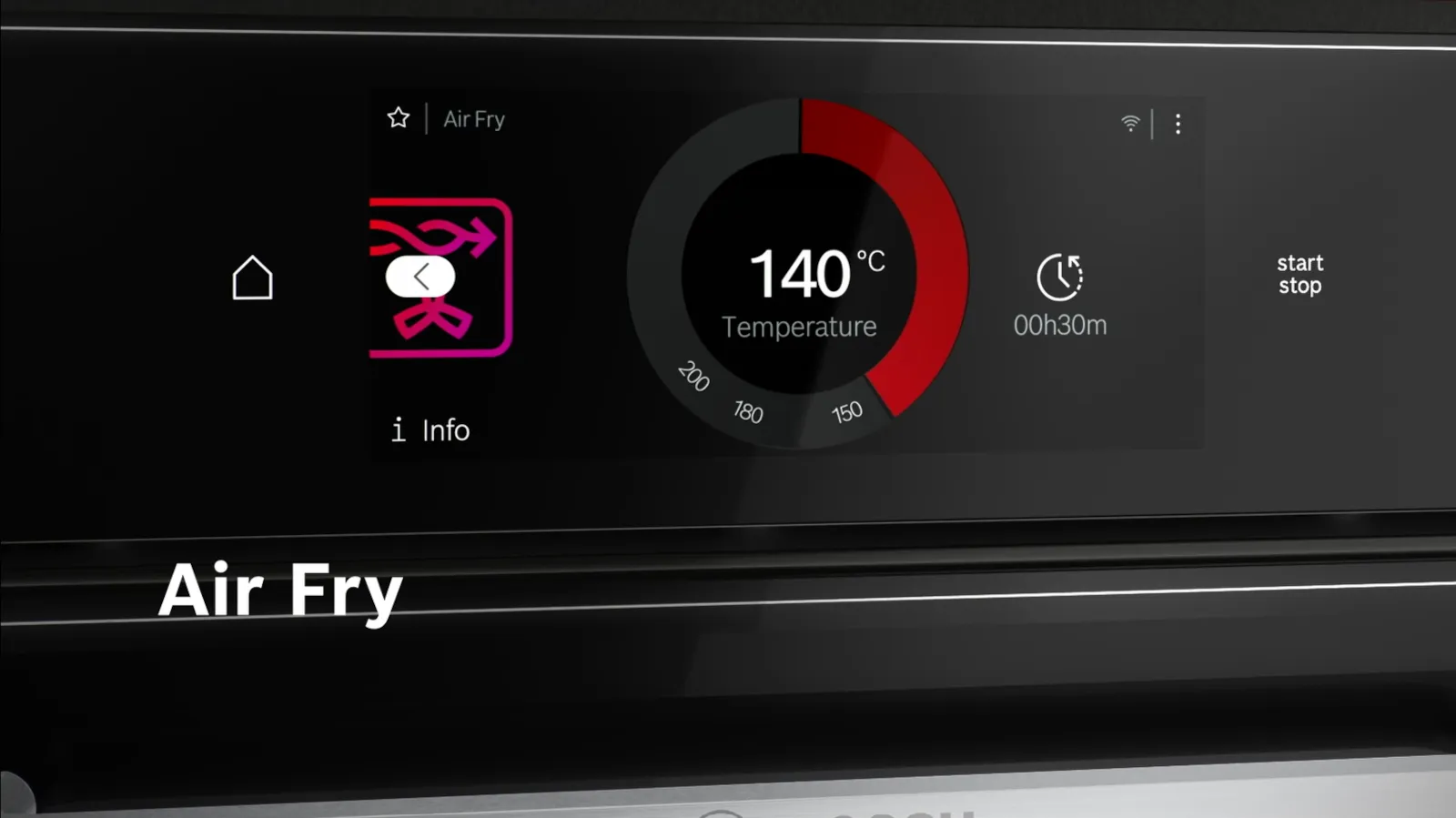 Bosch Backofen-Display mit aktivierter Air Fry Funktion, Anzeige von 140 °C Temperatur und 30 Minuten Garzeit; zeigt die intuitive Bedienung für fettarmes, knuspriges Air-Fry-Garen.