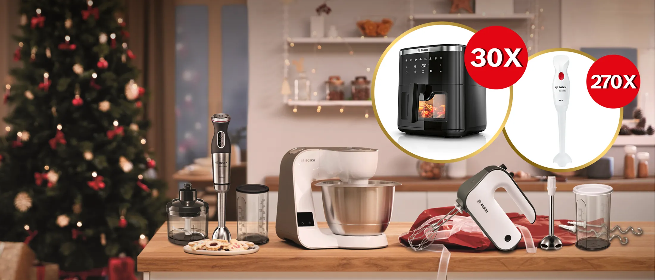 Produse participante si premiile campaniei Dăruiești și câștigi #LikeABosch pe un blat de bucatarie într-un decor de sărbătpri de iarnă