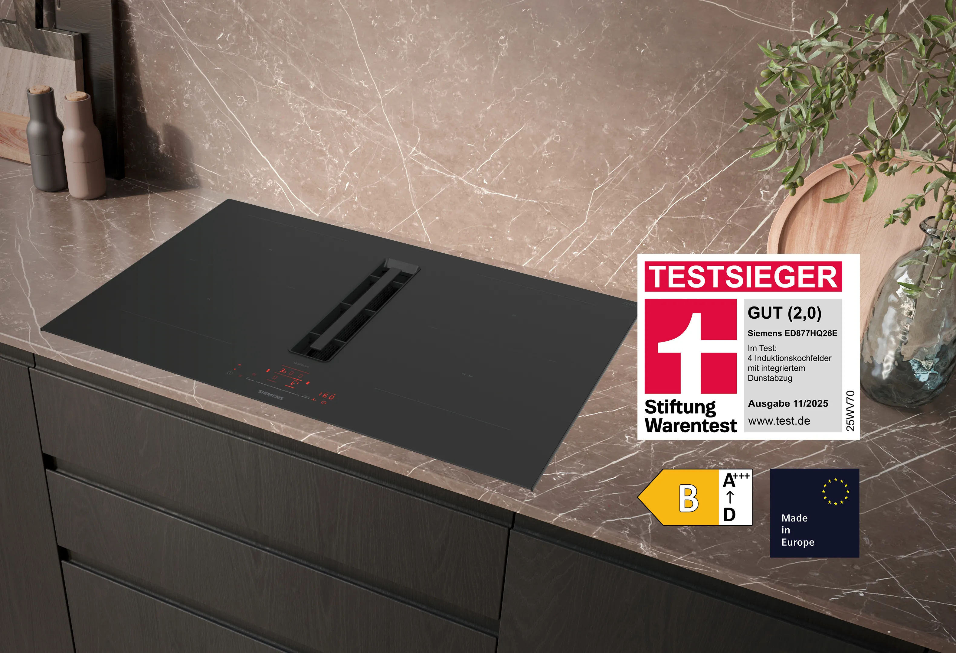 Siemens Induktionskochfeld mit integriertem Dunstabzug ED877HQ26E – Testsieger bei Stiftung Warentest mit dem Qualitätsurteil GUT (2,0), Ausgabe 11/2025.