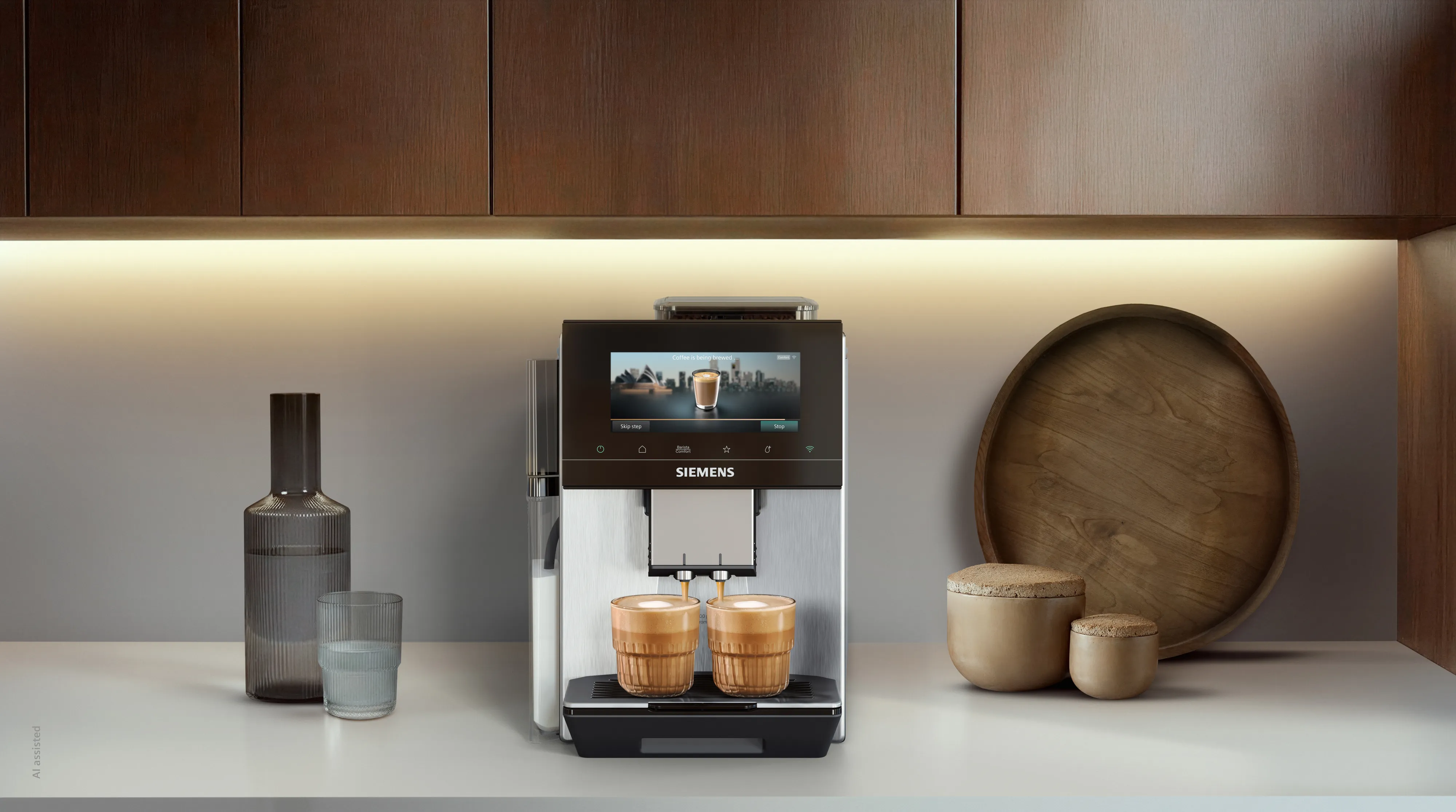 Siemens coffee machine with touch display on kitchen counter.