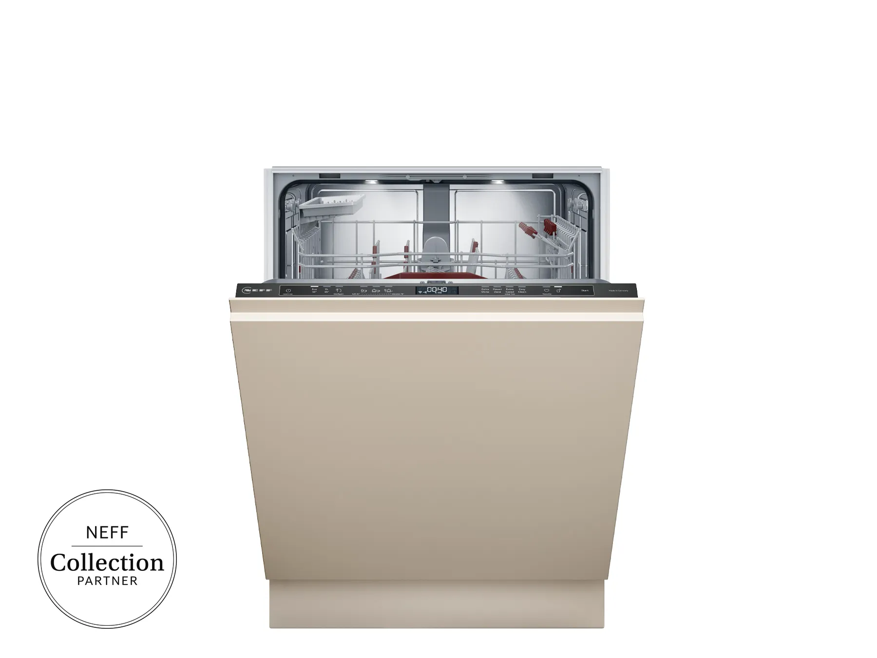 Vollintegrierter NEFF Geschirrspüler mit geöffneter Tür und übersichtlichem Korbsystem, gezeigt als NEFF Collection Partner