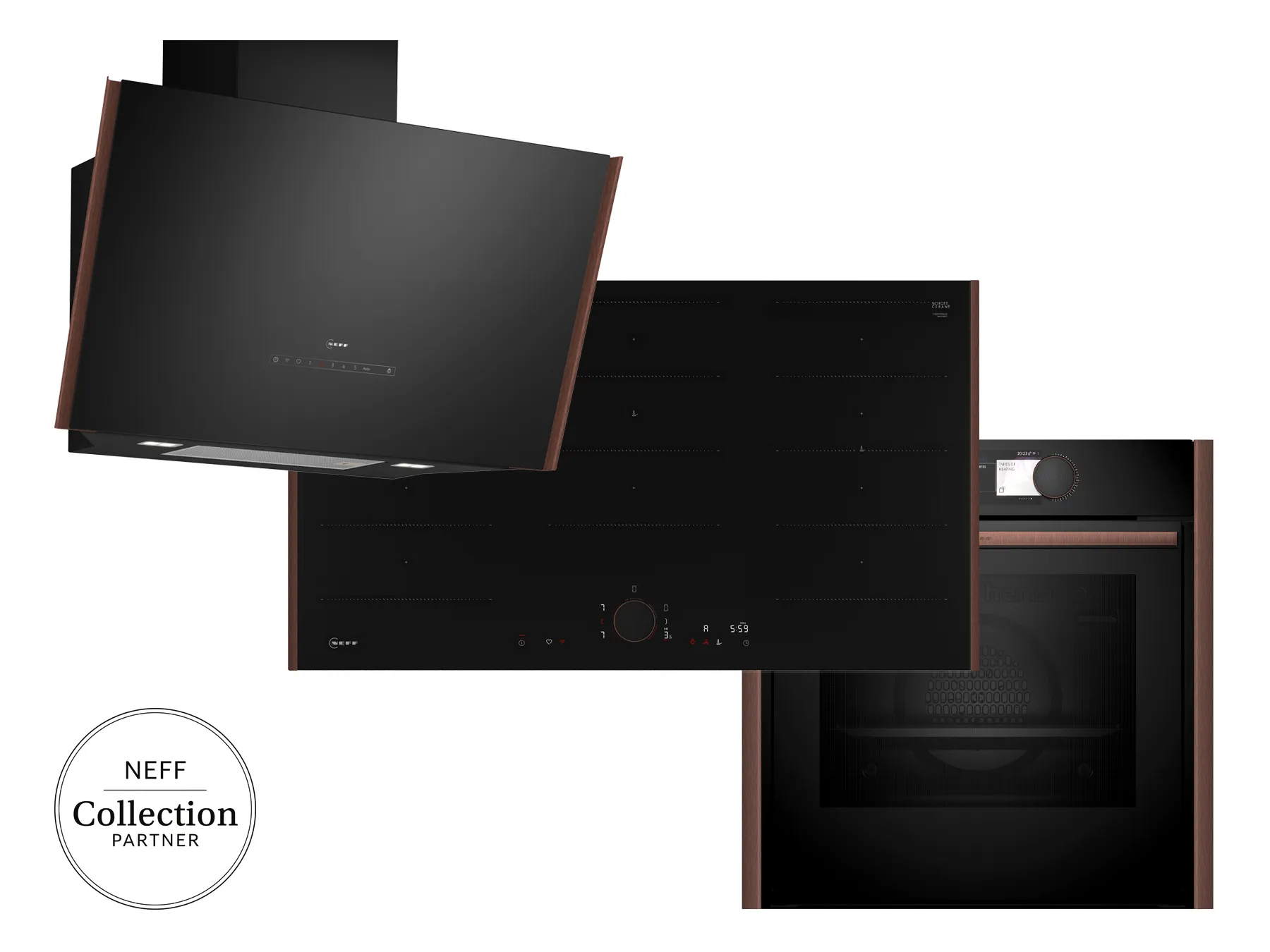 NEFF Kochfeld, Dunstabzugshaube und Backofen in dunklem Design mit seitlichen Designelementen, dargestellt als NEFF Collection Partner