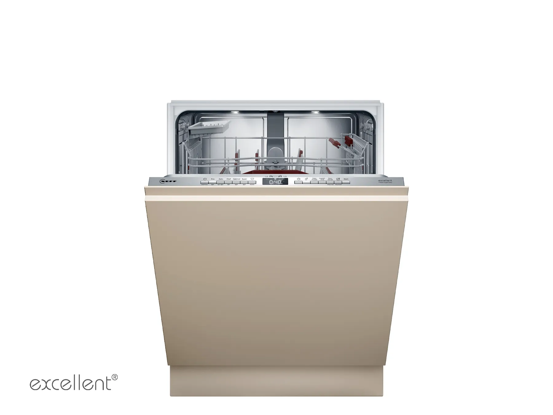 Vollintegrierter NEFF Geschirrspüler mit geöffneter Tür und übersichtlichem Korbsystem, gezeigt als excellent® Partner