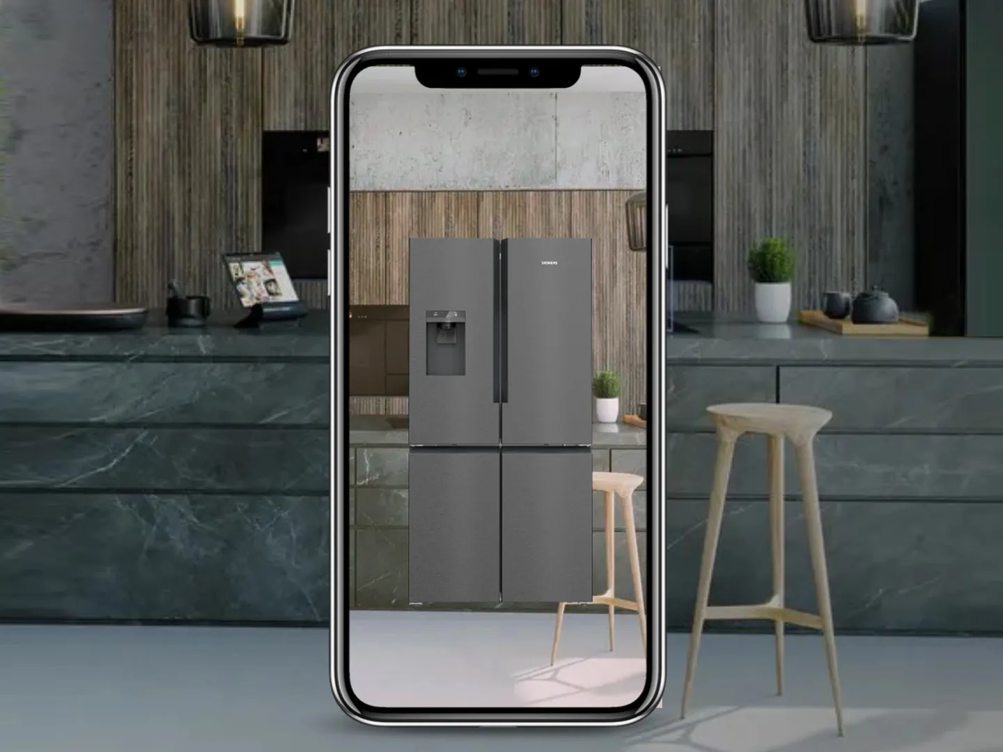 smartfon z technologia AR, w tle lodówka Multi Door Siemens 