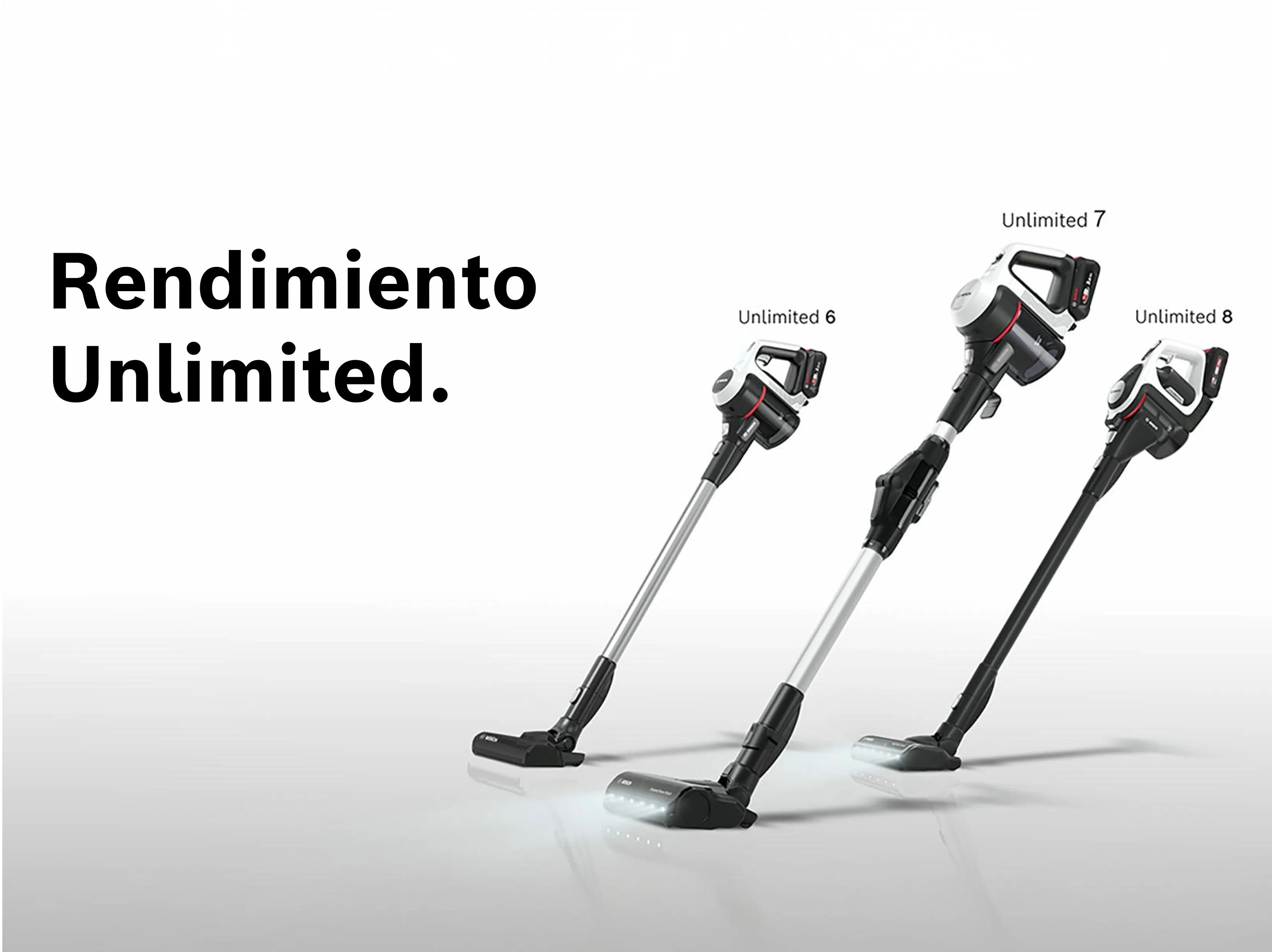 La gama completa de aspiradoras inalámbricas Unlimited se muestra una al lado de la otra sobre un fondo blanco. Unlimited 6, Unlimited 7, Unlimited 8.
