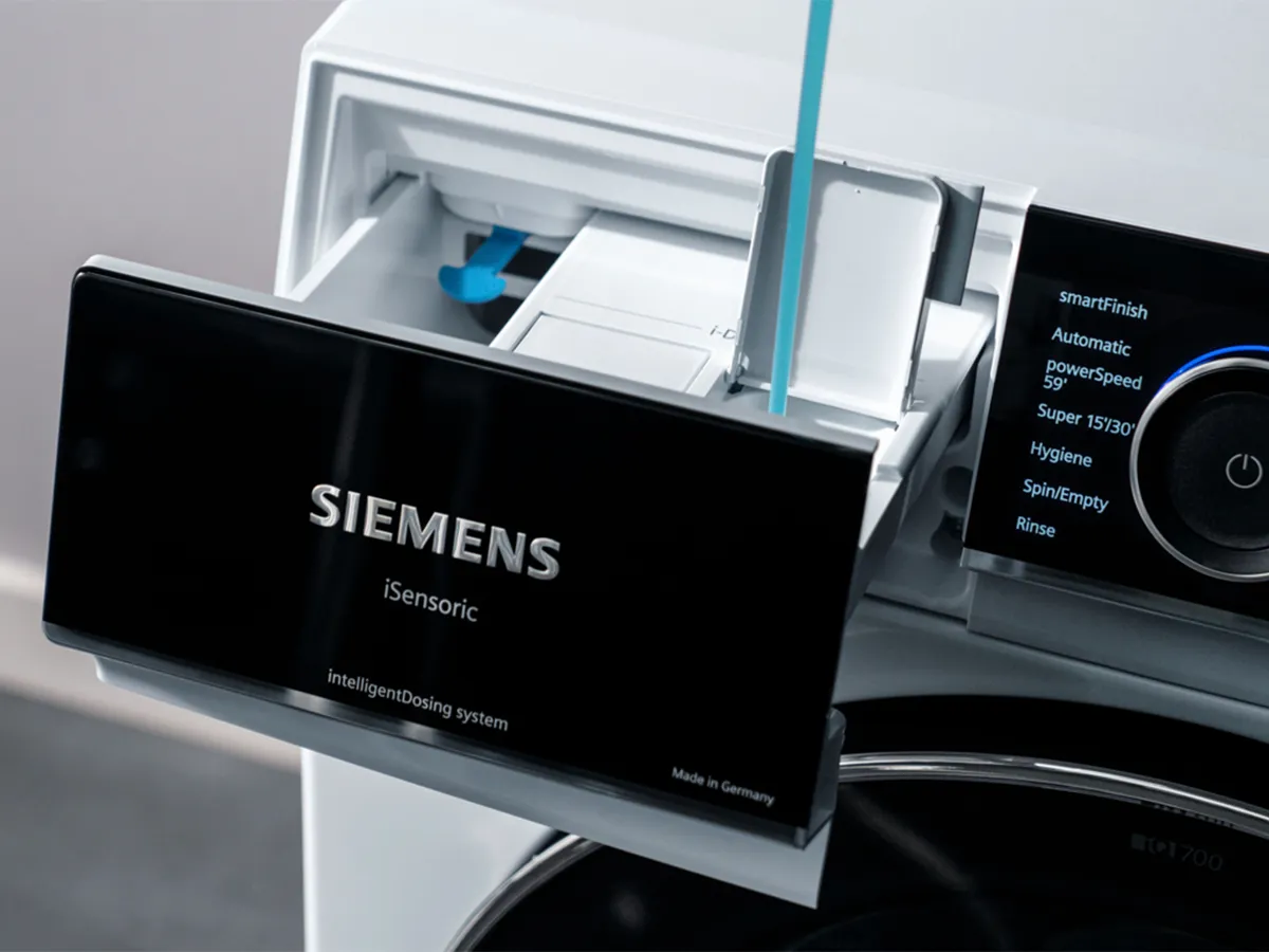 Washing machine with close up of iDos dosing drawer