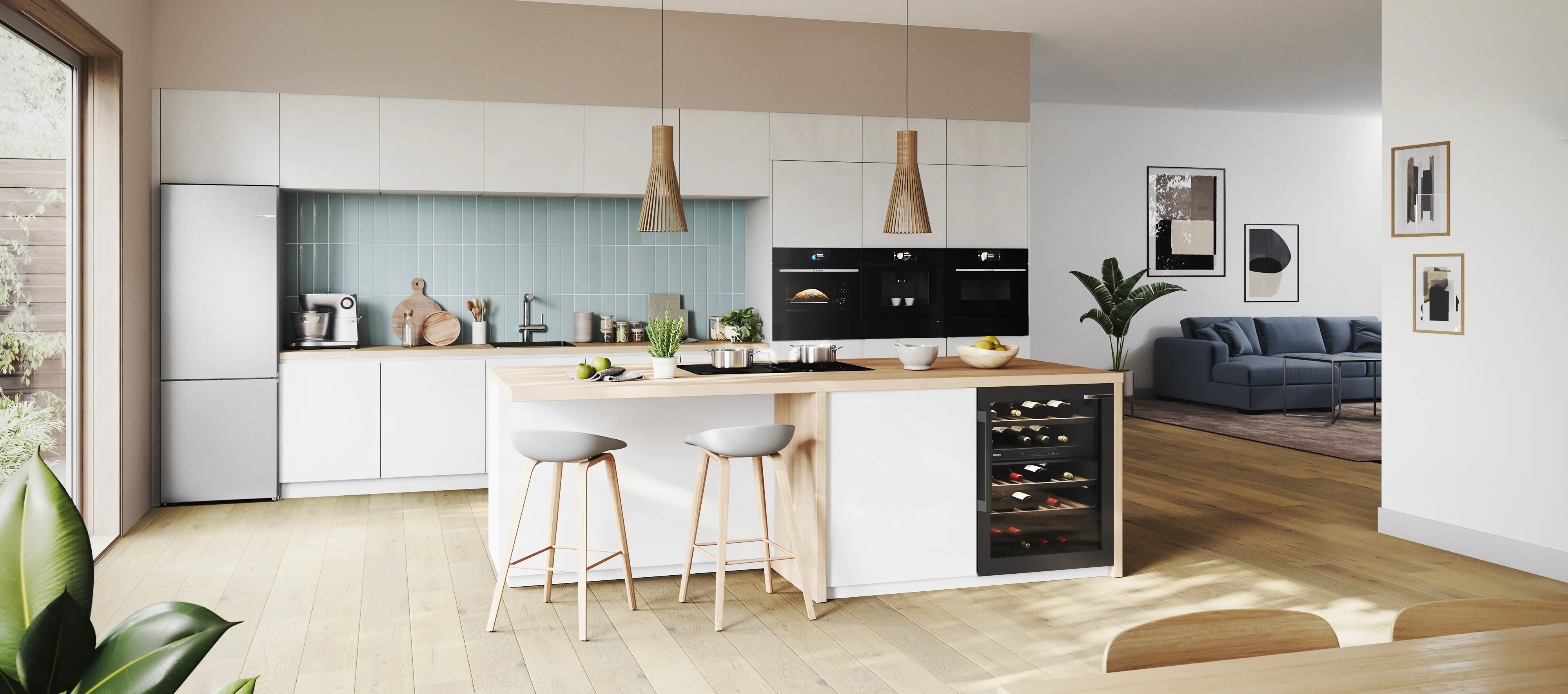 Cucina moderna e luminosa con elettrodomestici di ultima generazione