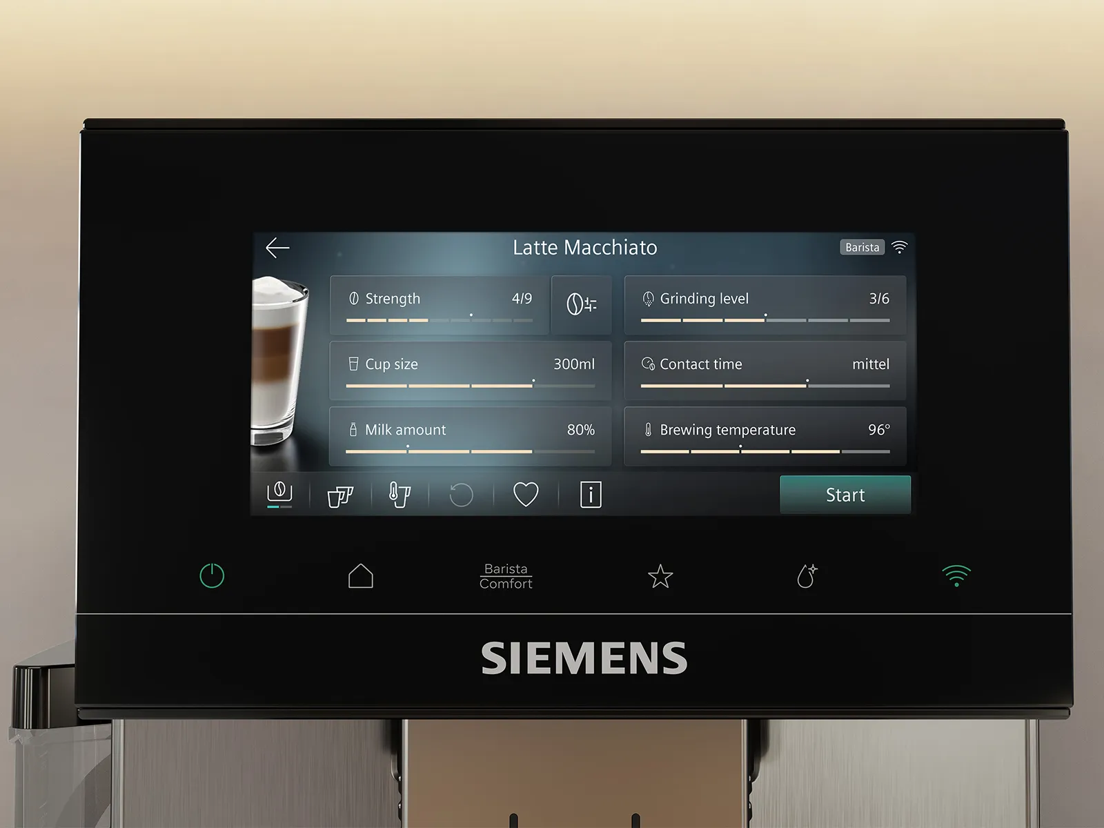 Siemens coffee machine touchscreen set to Latte Macchiato, showing adjustable strength, 300 ml cup size, 80% milk, grind level 3, medium contact time, and 96 °C; Start button visible above the Siemens logo.