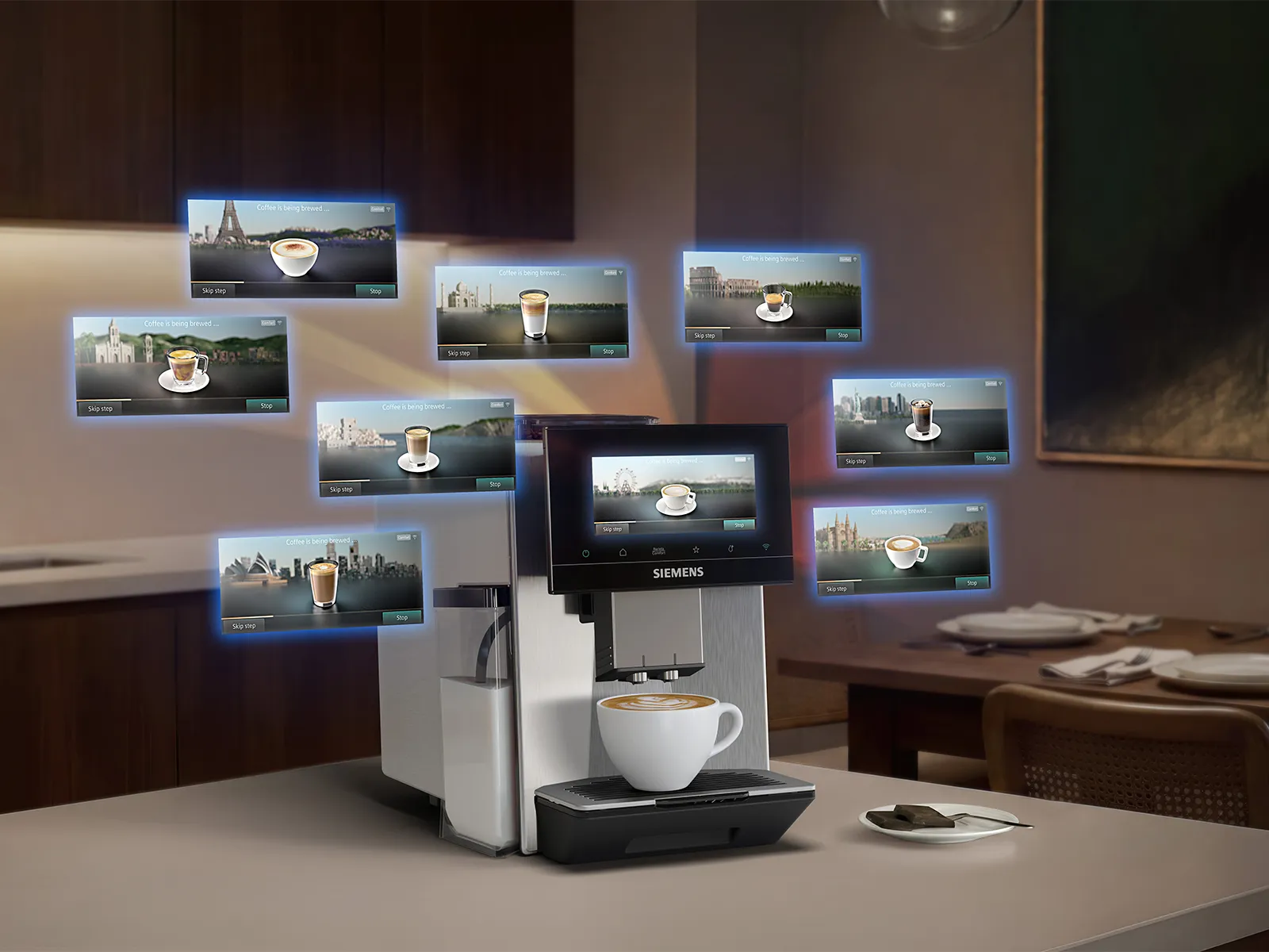 Siemens coffee machine on a modern kitchen counter, brewing a latte into a white cup; floating screens show “Coffee is being brewed…” for various drinks with city landmark backgrounds, alongside a small plate with chocolate.