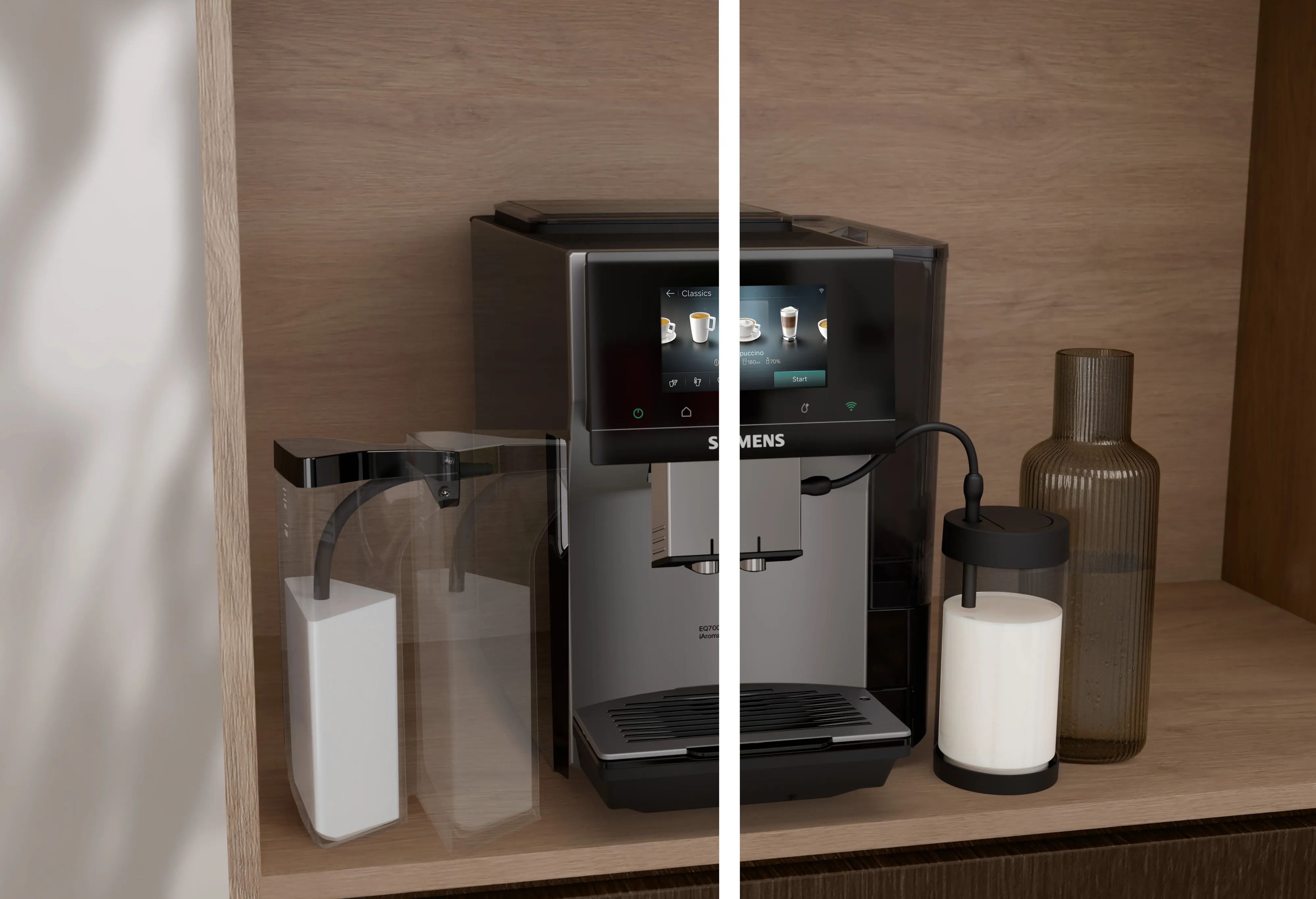 Siemens coffee machine with touchscreen showing two milk systems: an integrated fridge-safe container or a hose that draws milk from any jug.