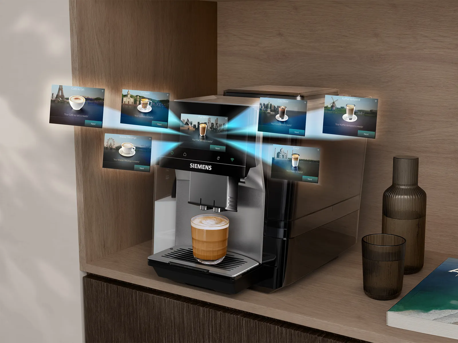 Siemens coffee machine on a wooden shelf with a latte on the drip tray, surrounded by floating digital screens showing ready drinks like Café au Lait, Cold Brew, and Kaffee Verveine; brown glass jars and a travel-themed book to the side.
