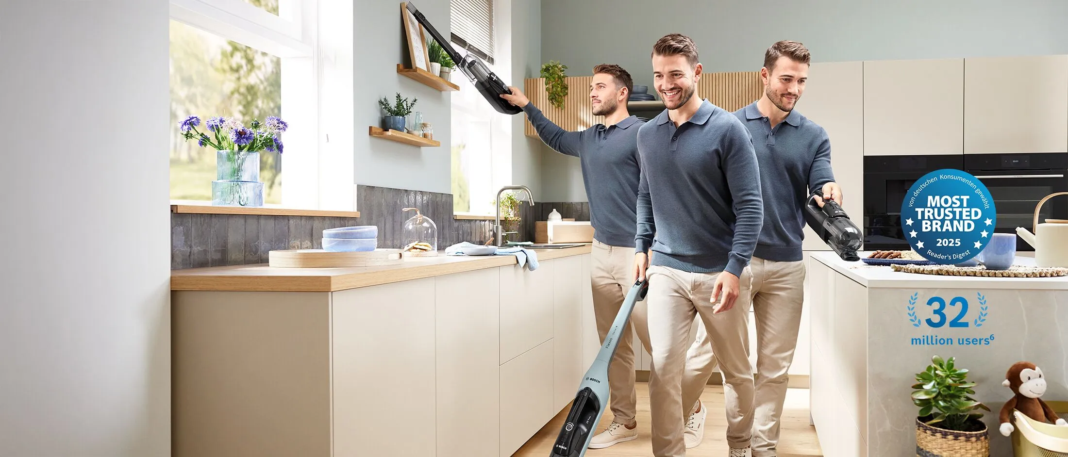 A man uses the Flexxo Series 4 for different purposes, from the floor, to the countertop and the ceiling.