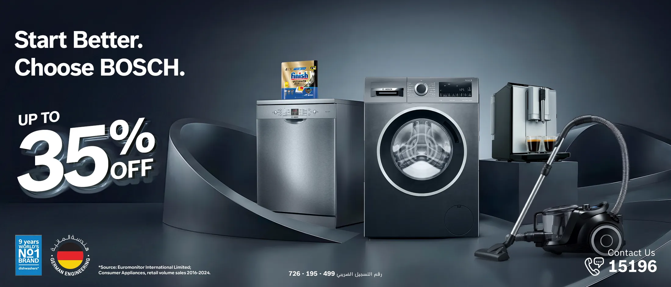 Bosch food processor with touch display surrounded by various fresh vegetables on a table.