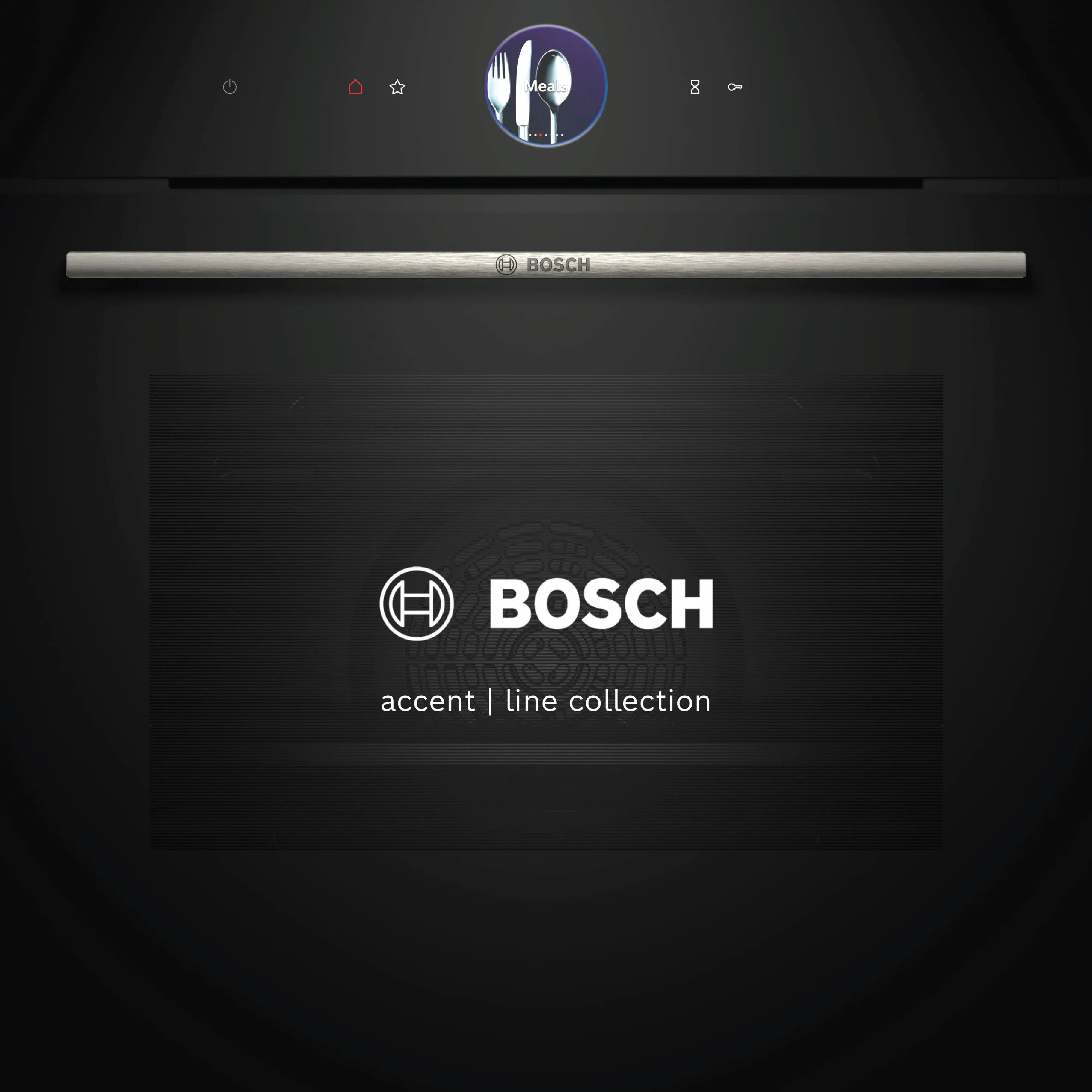A front view of a black Bosch Accent Line Collection oven with a digital control ring on the upper panel.