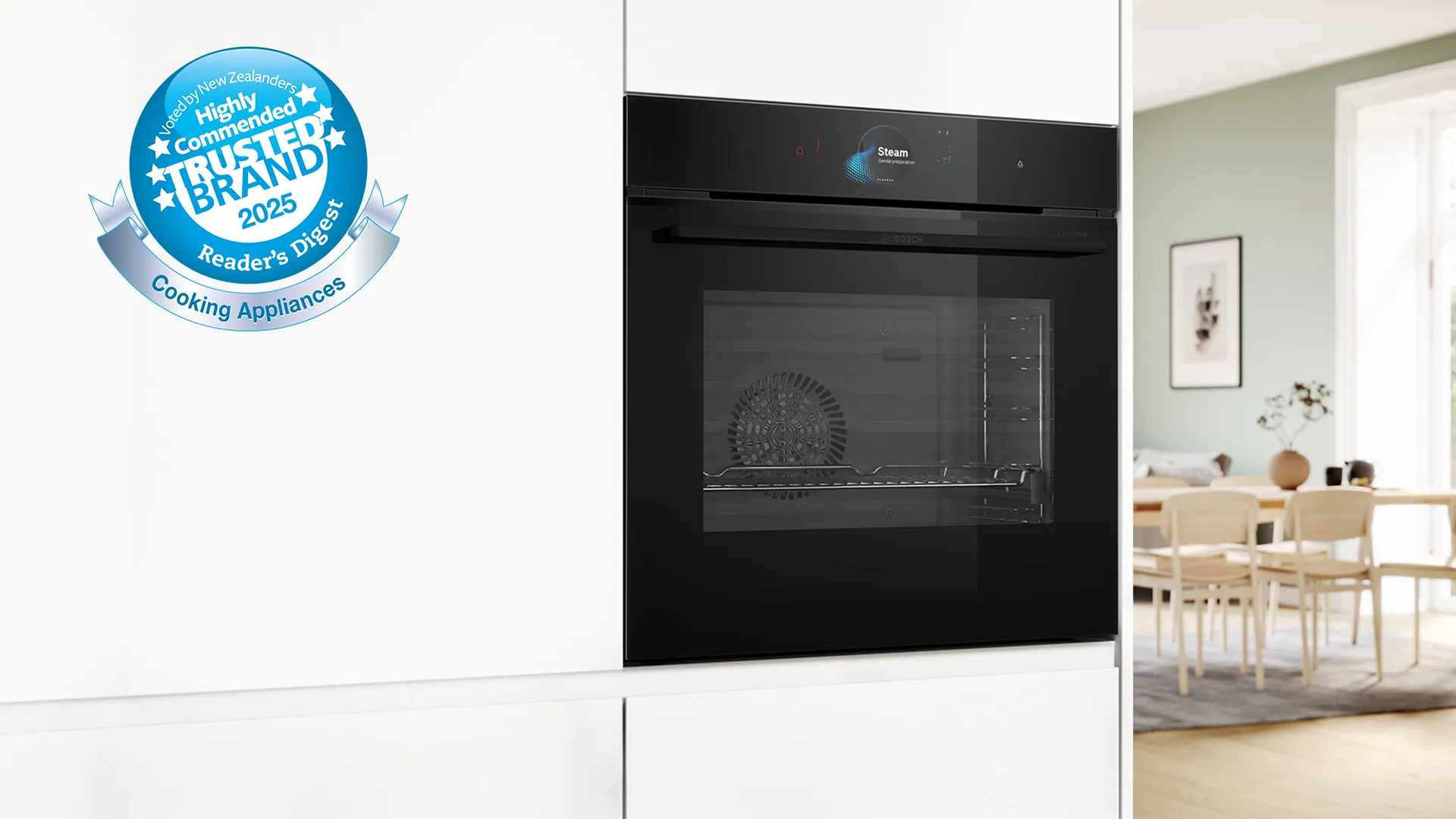 Built-in Bosch steam oven in a white kitchen, designed for healthy, flavourful cooking and effortless baking.