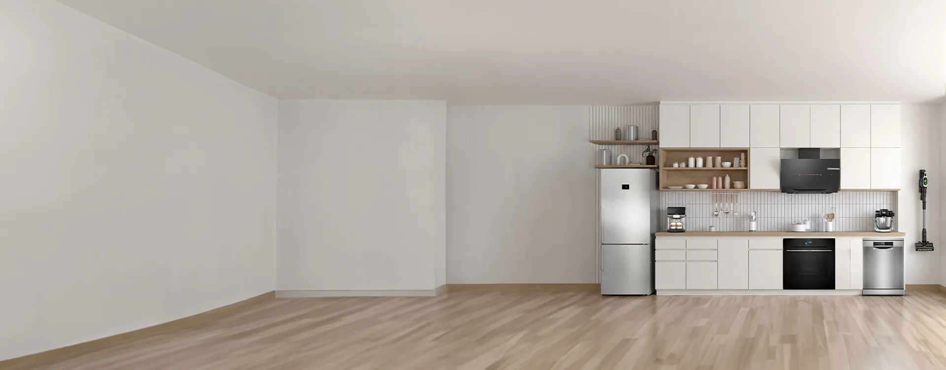 Boş modern mutfak alanında yer alan Bosch mutfak ekipmanları ve aksesuarları.