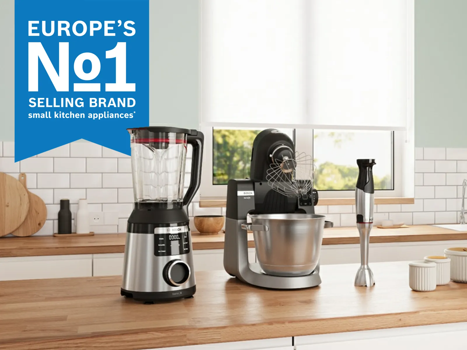Europe's No.1 brand for food preparation appliances displayed over a table filled with vibrant dishes, desserts, and drinks.