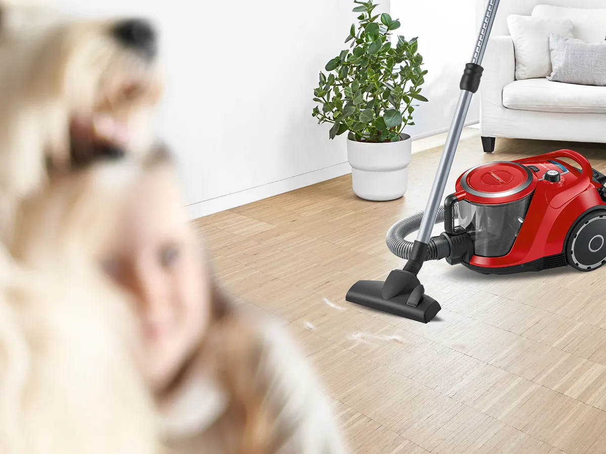 A sweet dog next to its bed in the living room.
