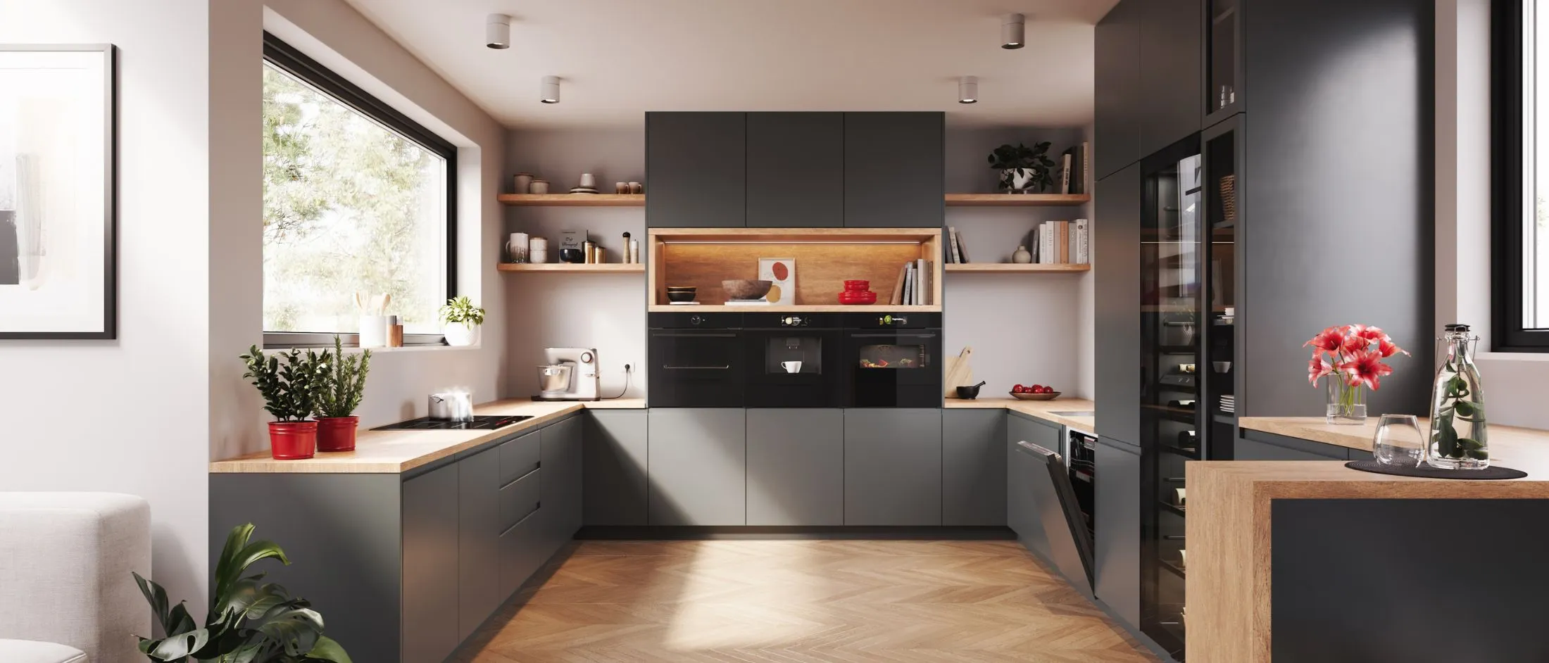 Velika moderna kuhinja sa Bosch ugradbenim uređajima.