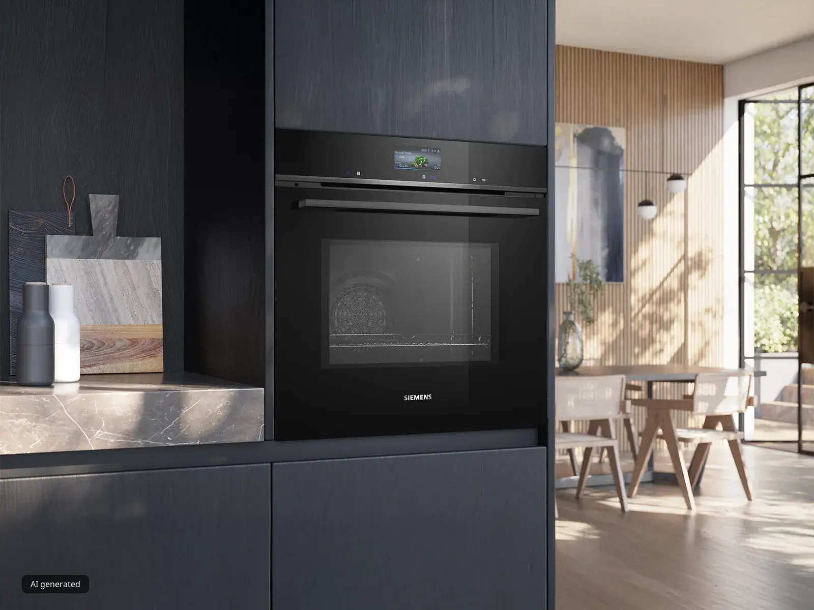 Modern kitchen with a sleek black Siemens oven, marble countertop, and a sunlit dining area in the background.