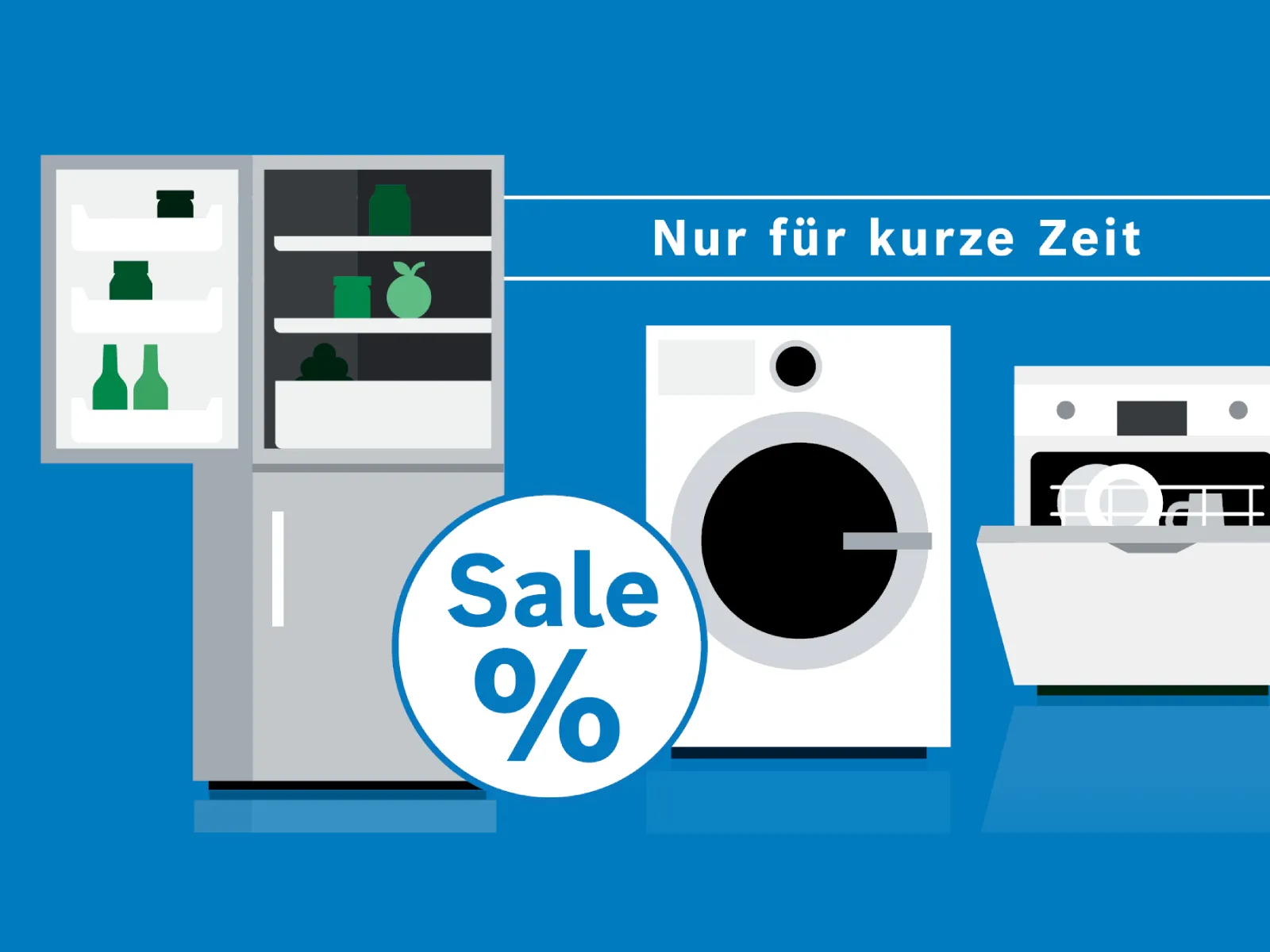 Illustration von Kühlschrank, Spülmaschine, Waschmaschine im Angebot. Text: 'Sale %'. Kurzzeitig.