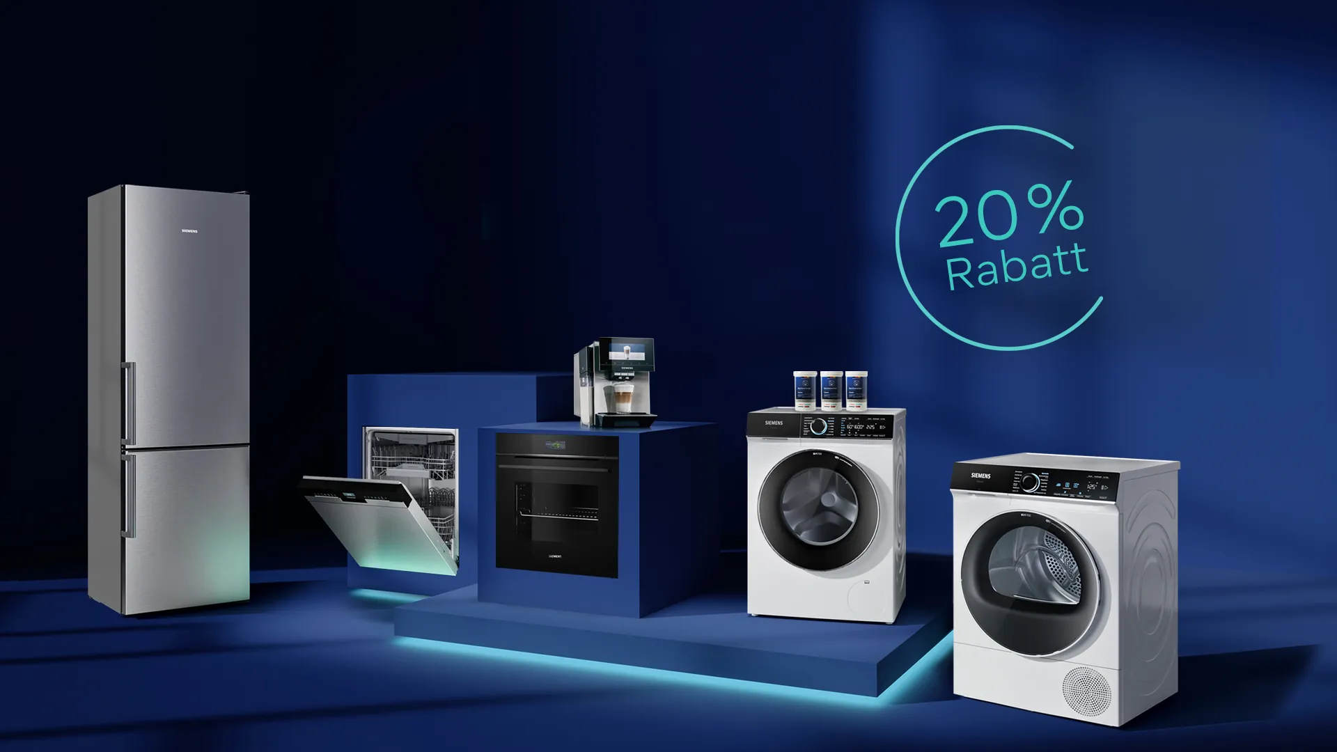 Dunkelblauer Raum mit Hausgeräten von Siemens und dem Hinweis auf die Siemens Days mit 20 % Rabatt im Siemens Online Shop