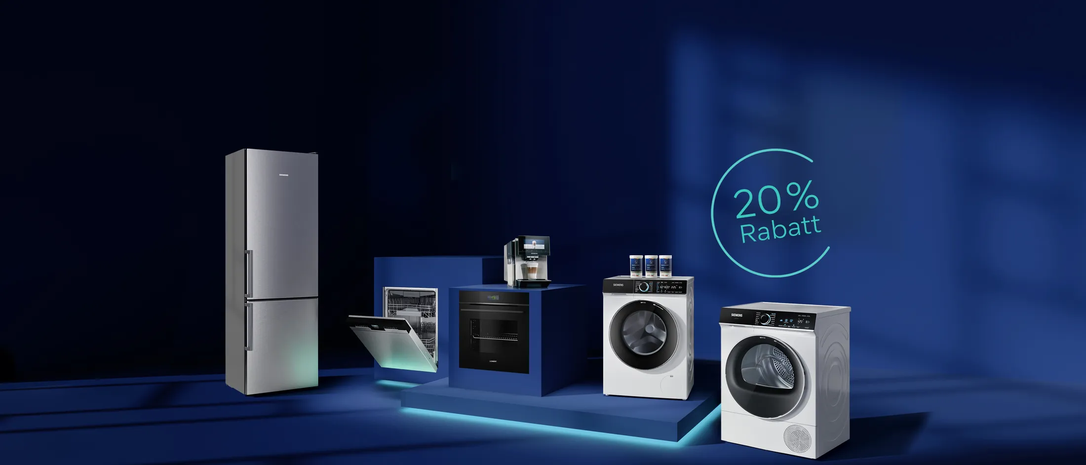 Dunkelblauer Raum mit Hausgeräten von Siemens und dem Hinweis auf die Siemens Days mit 20 % Rabatt im Siemens Online Shop
